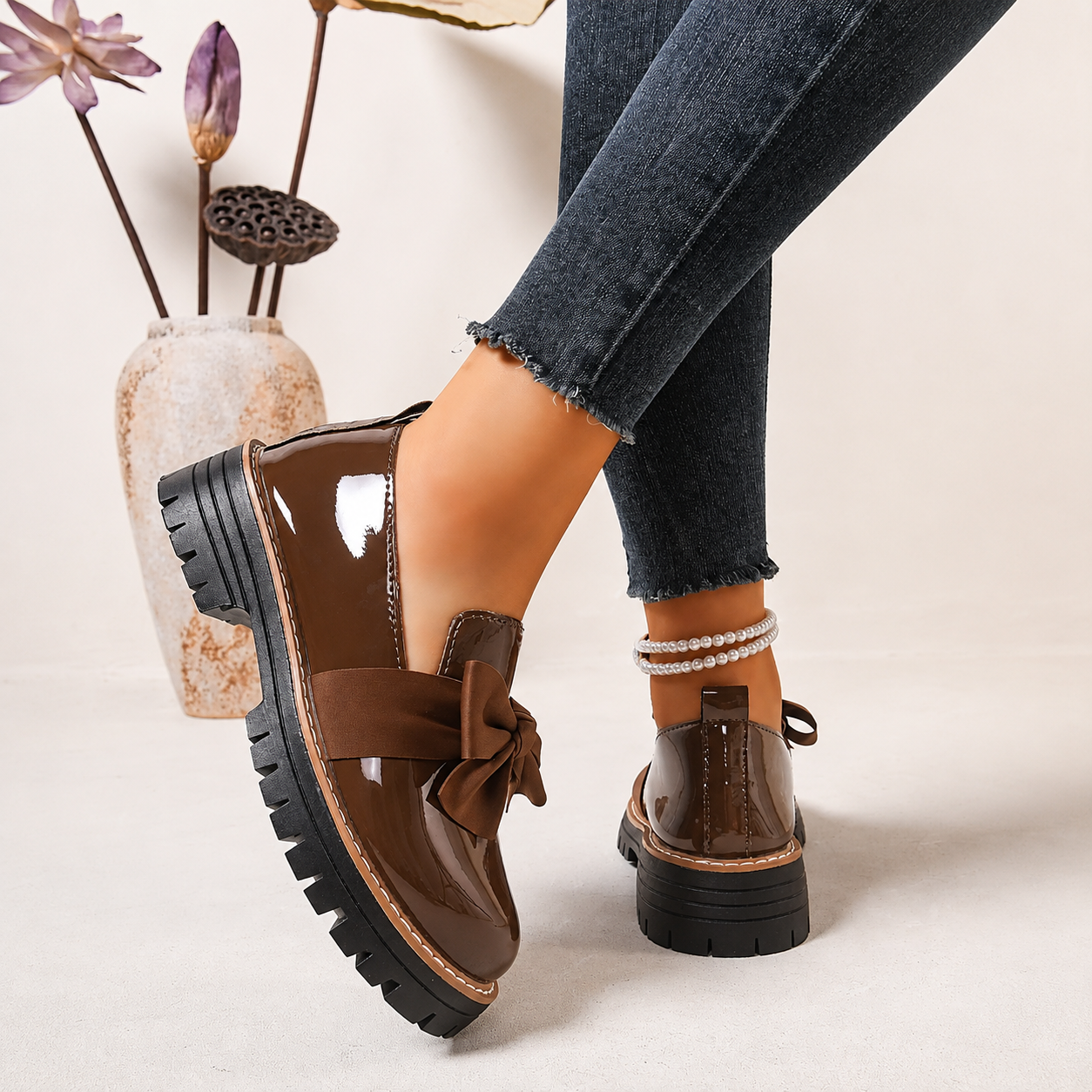 Bow Detail Loafers with Thick Sole for Casual All Season Wear for Women