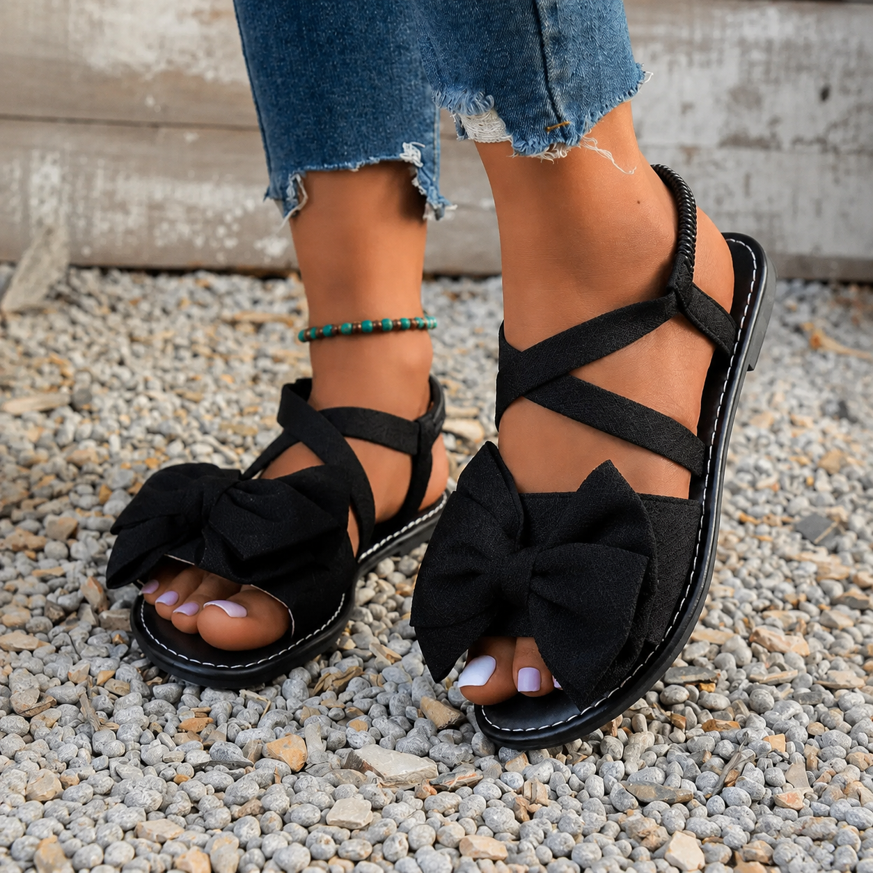 Bow Detail Printed Flat Sandals With Cross Straps For Women