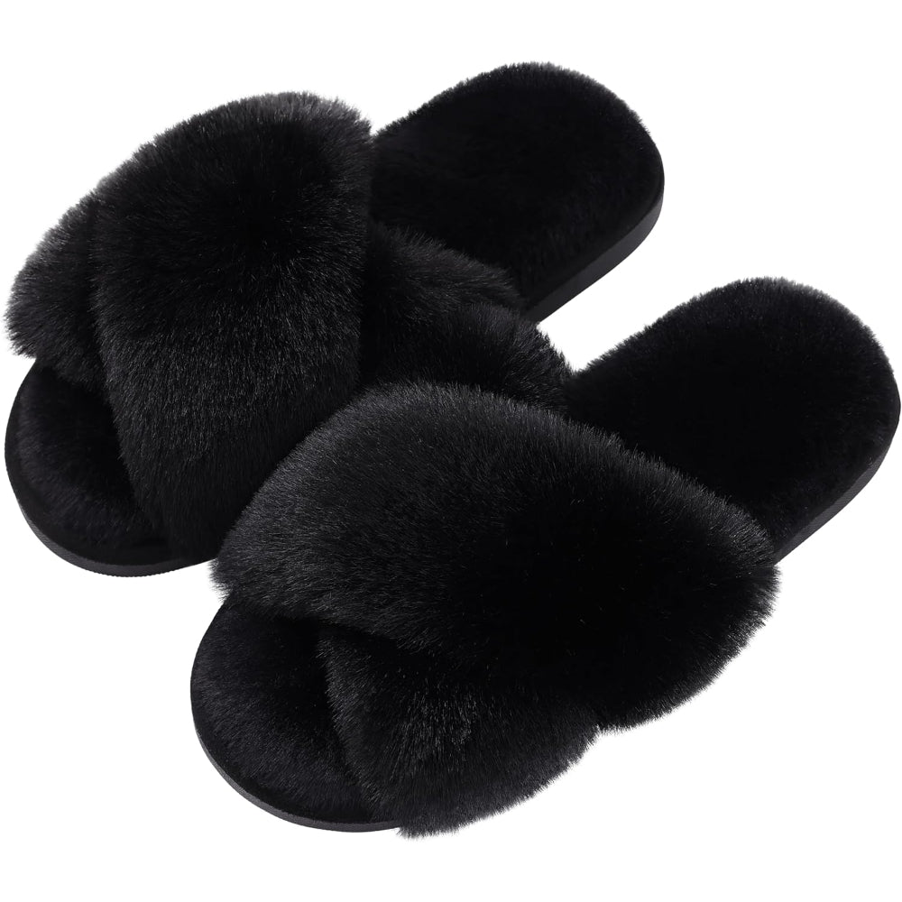 Fuzzy Cross Band House Slippers For Soft Plush Lining-My Beach Shoes