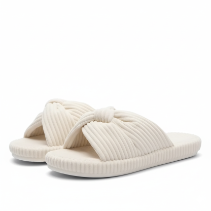 Textured Corduroy Slide Slippers With Soft Plush Lining