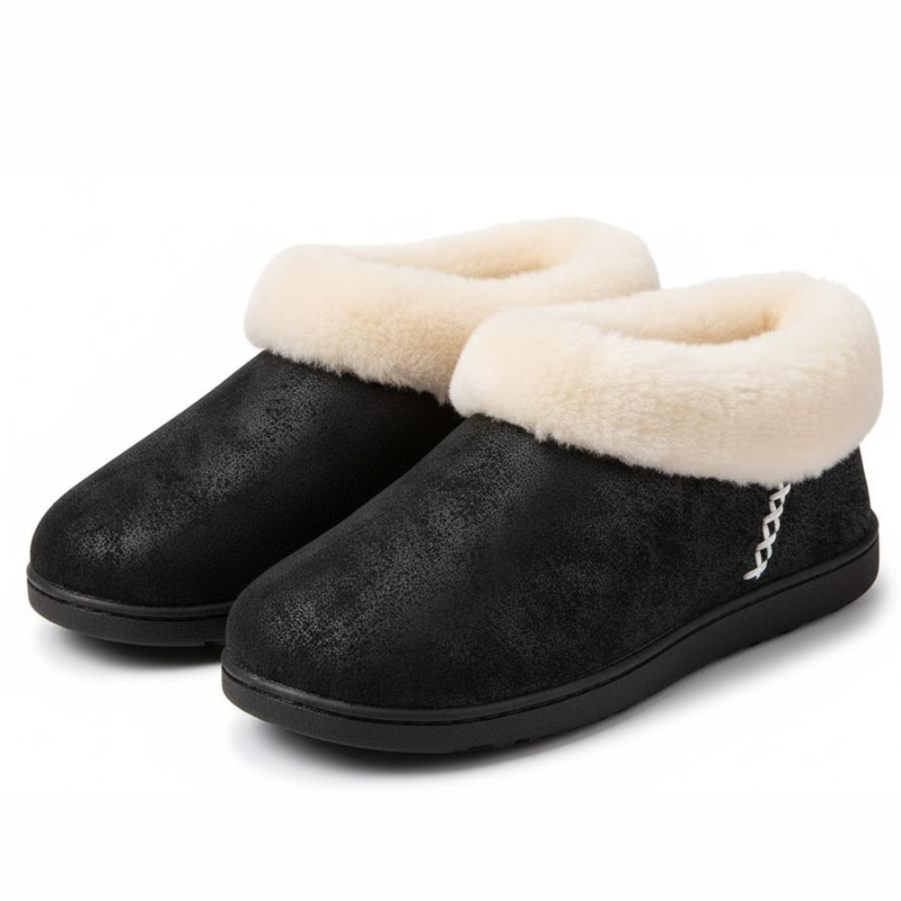 Womens Microsuede Memory Foam Slippers with Faux Fur Collar