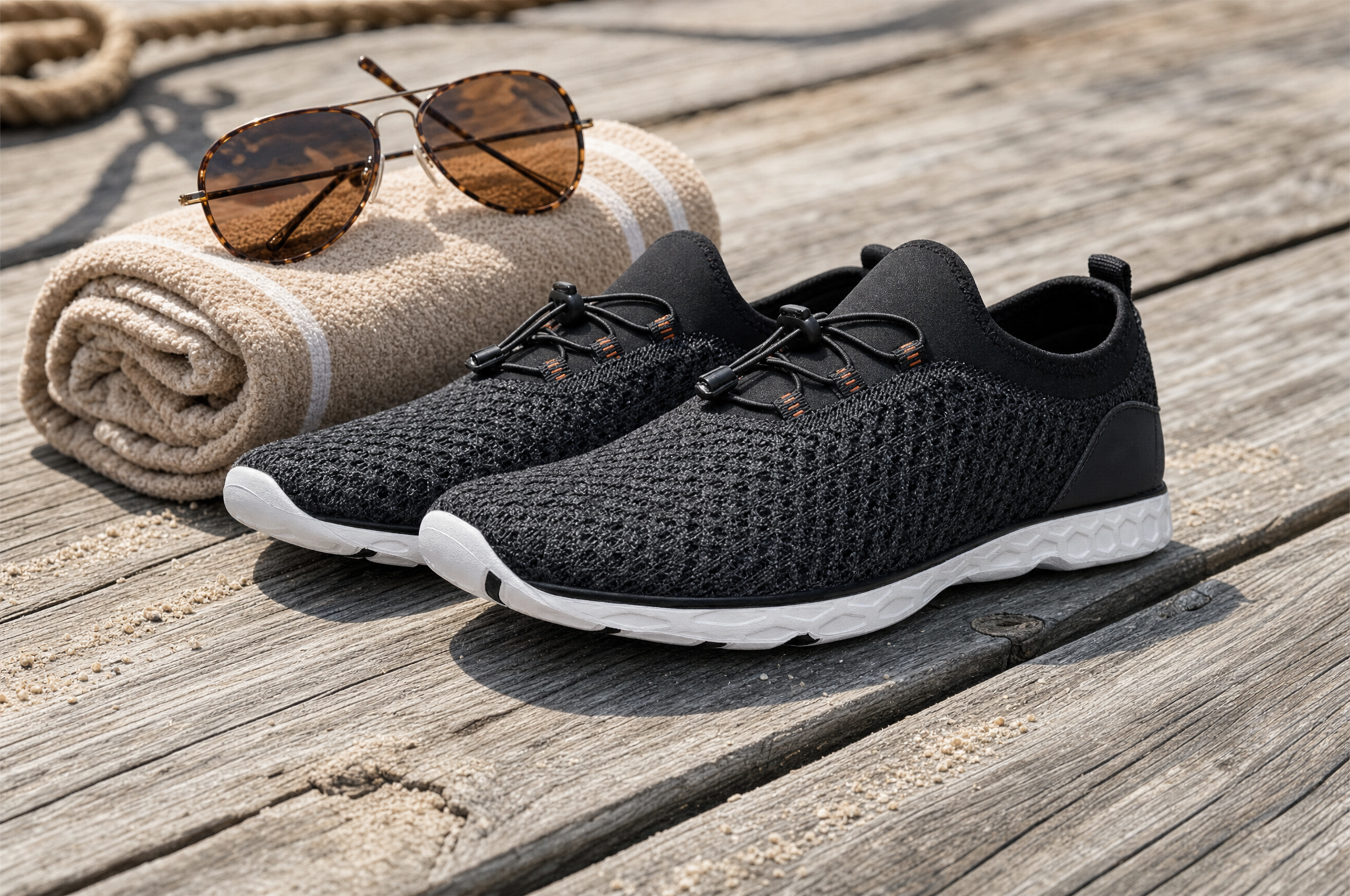 Dark knit quick-dry water shoes with bungee toggle laces beside a rolled beach towel and sunglasses on dock planks