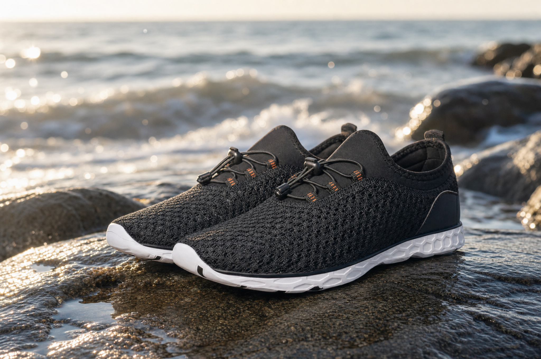 Dark knit quick-dry water shoes with white honeycomb soles standing on wet rocks at the shoreline
