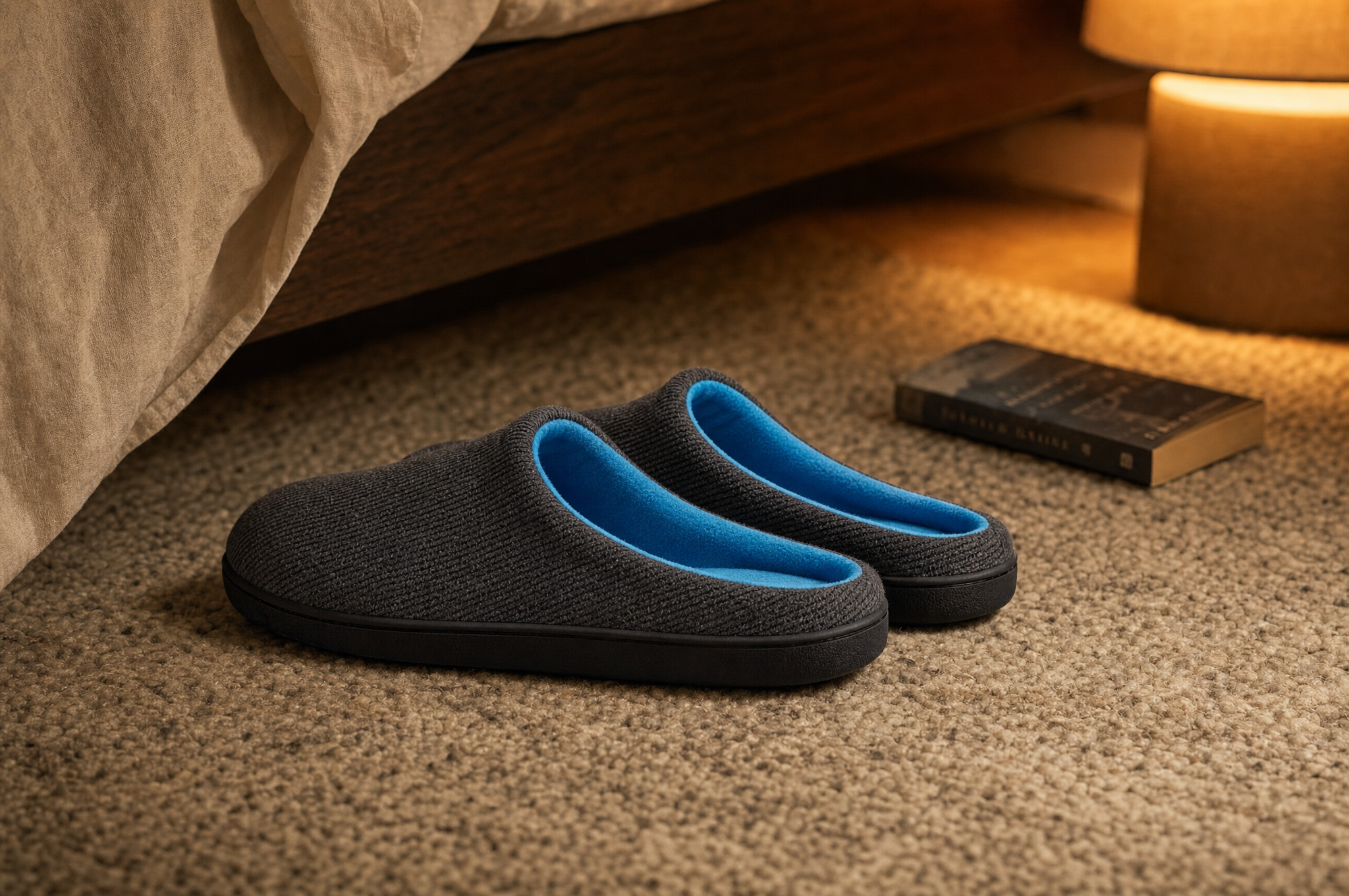 Dark gray knit slippers with bright blue plush lining on a bedroom rug beside a book and warm lamp light