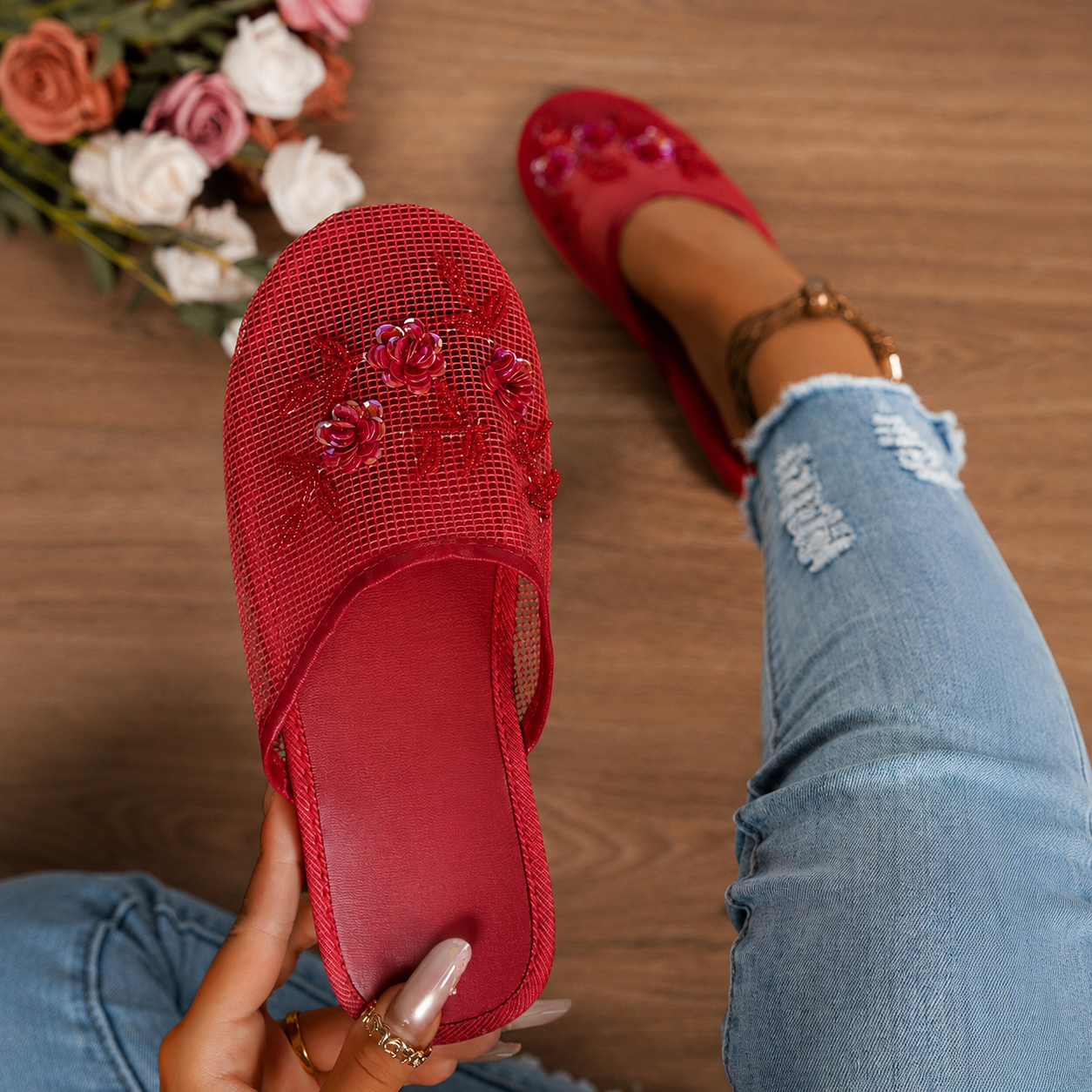 Floral Beaded Mesh Mule Sandals With Flat Slip On Design For Women