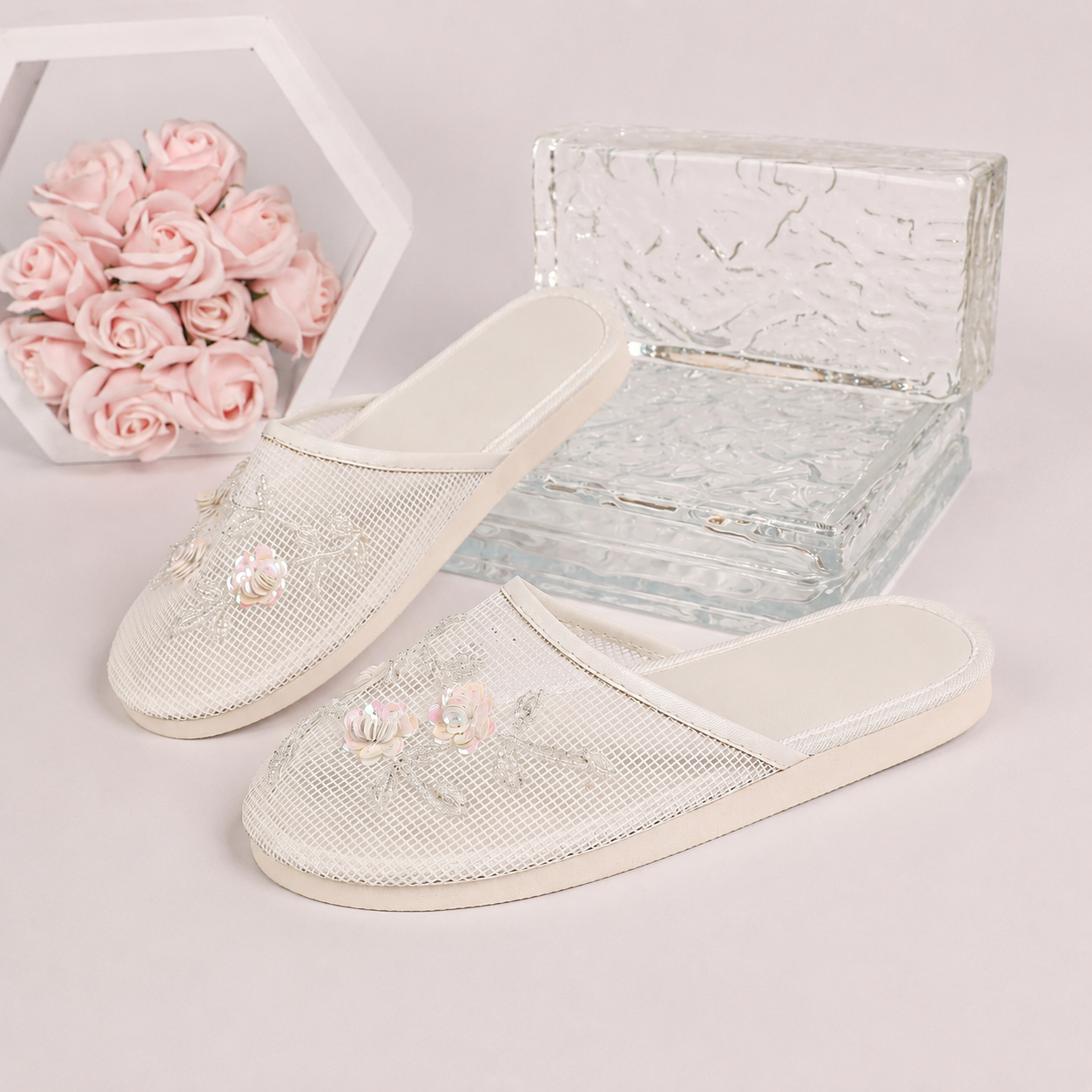 Floral Beaded Mesh Mule Sandals With Flat Slip On Design For Women