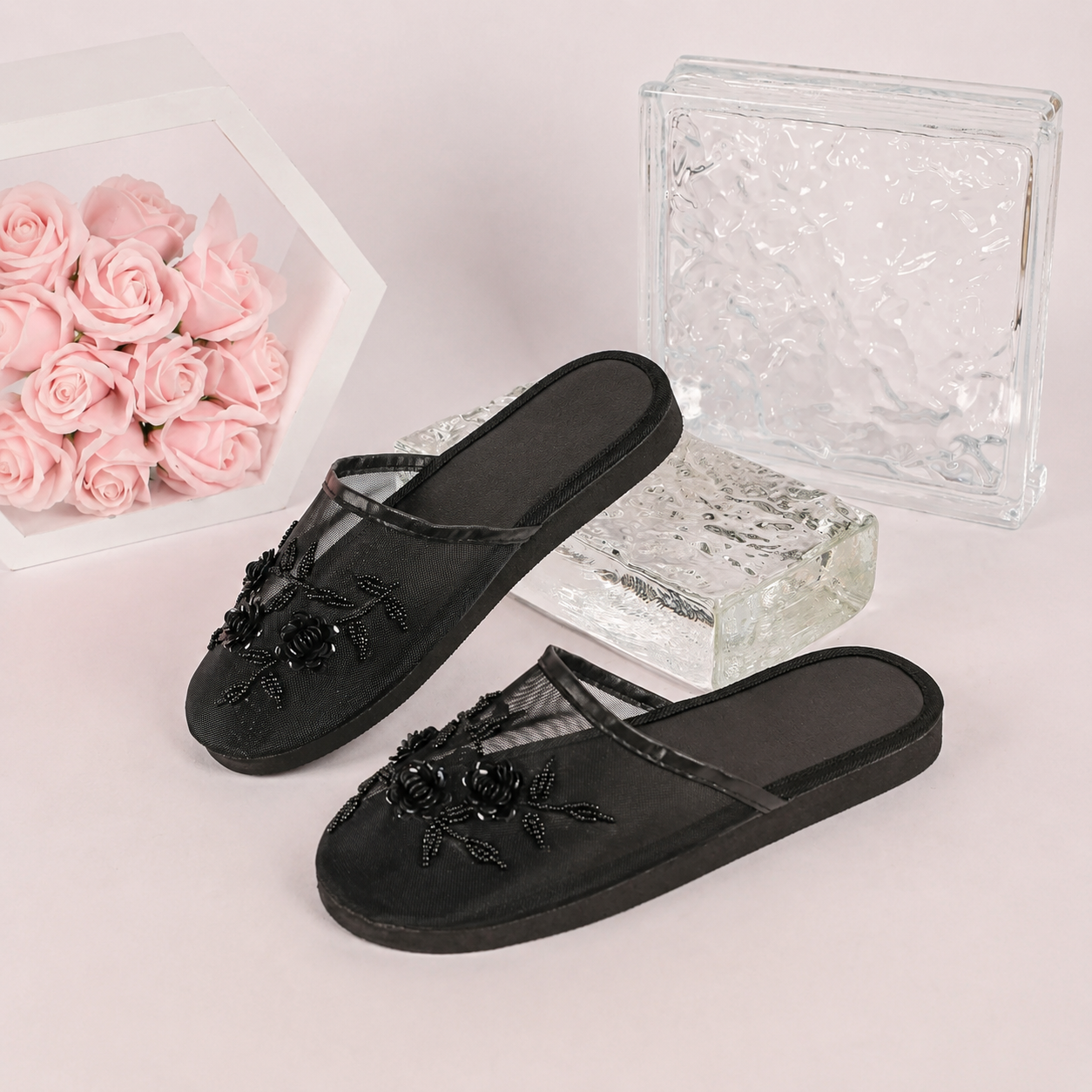 Floral Beaded Mesh Mule Sandals With Flat Slip On Design For Women
