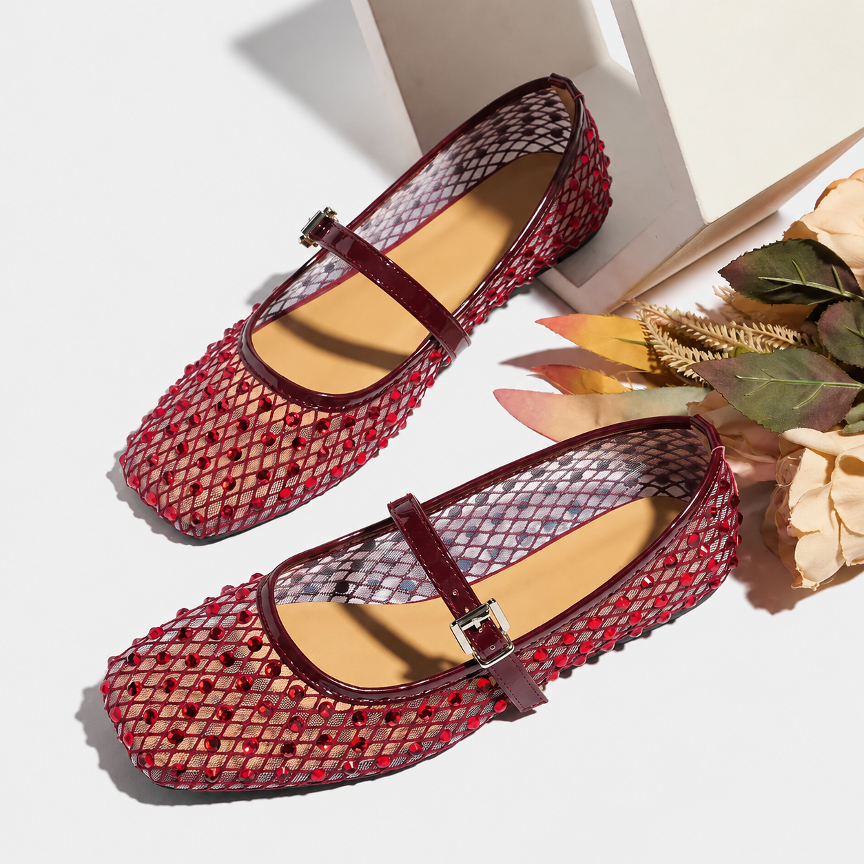 Rhinestone Ballet Flats with Square Front and Soft Sole for Women