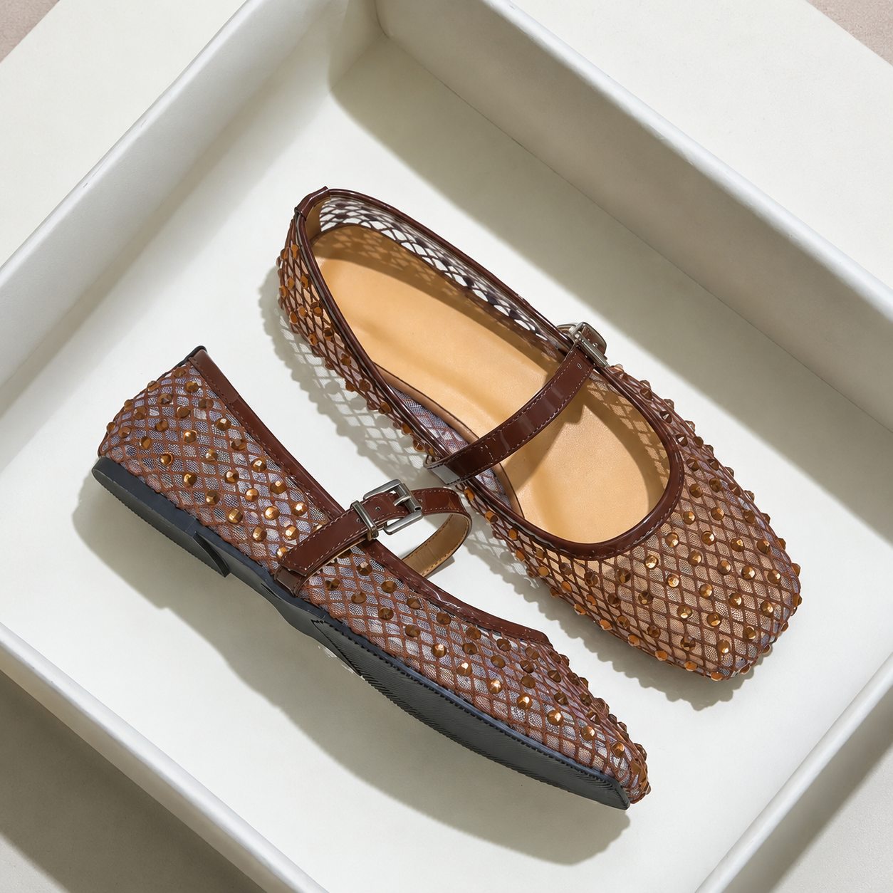 Rhinestone Ballet Flats with Square Front and Soft Sole for Women