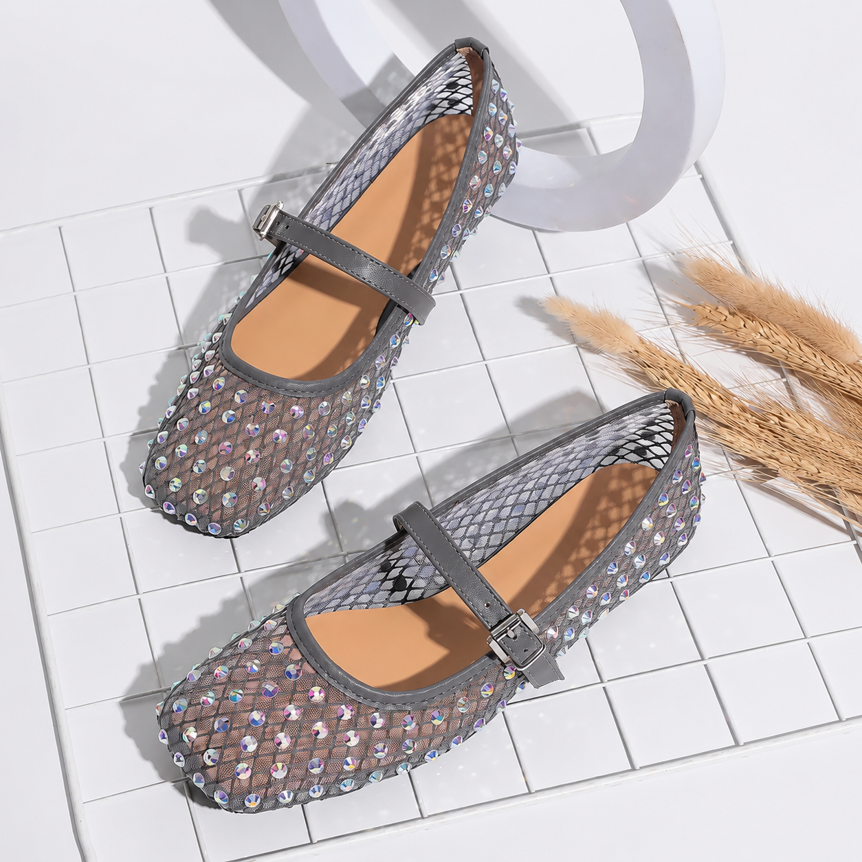 Rhinestone Ballet Flats with Square Front and Soft Sole for Women