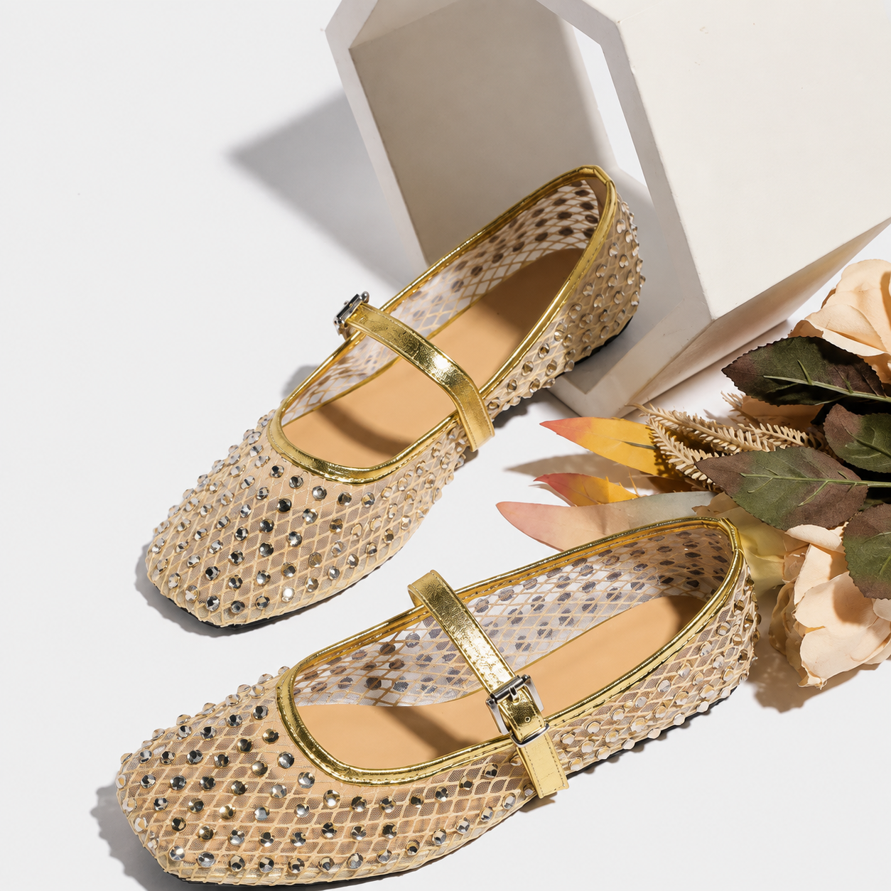 Rhinestone Ballet Flats with Square Front and Soft Sole for Women