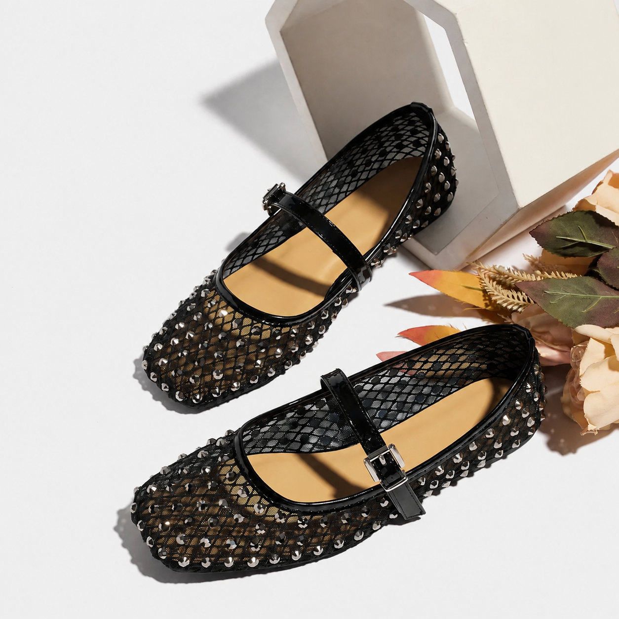 Rhinestone Ballet Flats with Square Front and Soft Sole for Women
