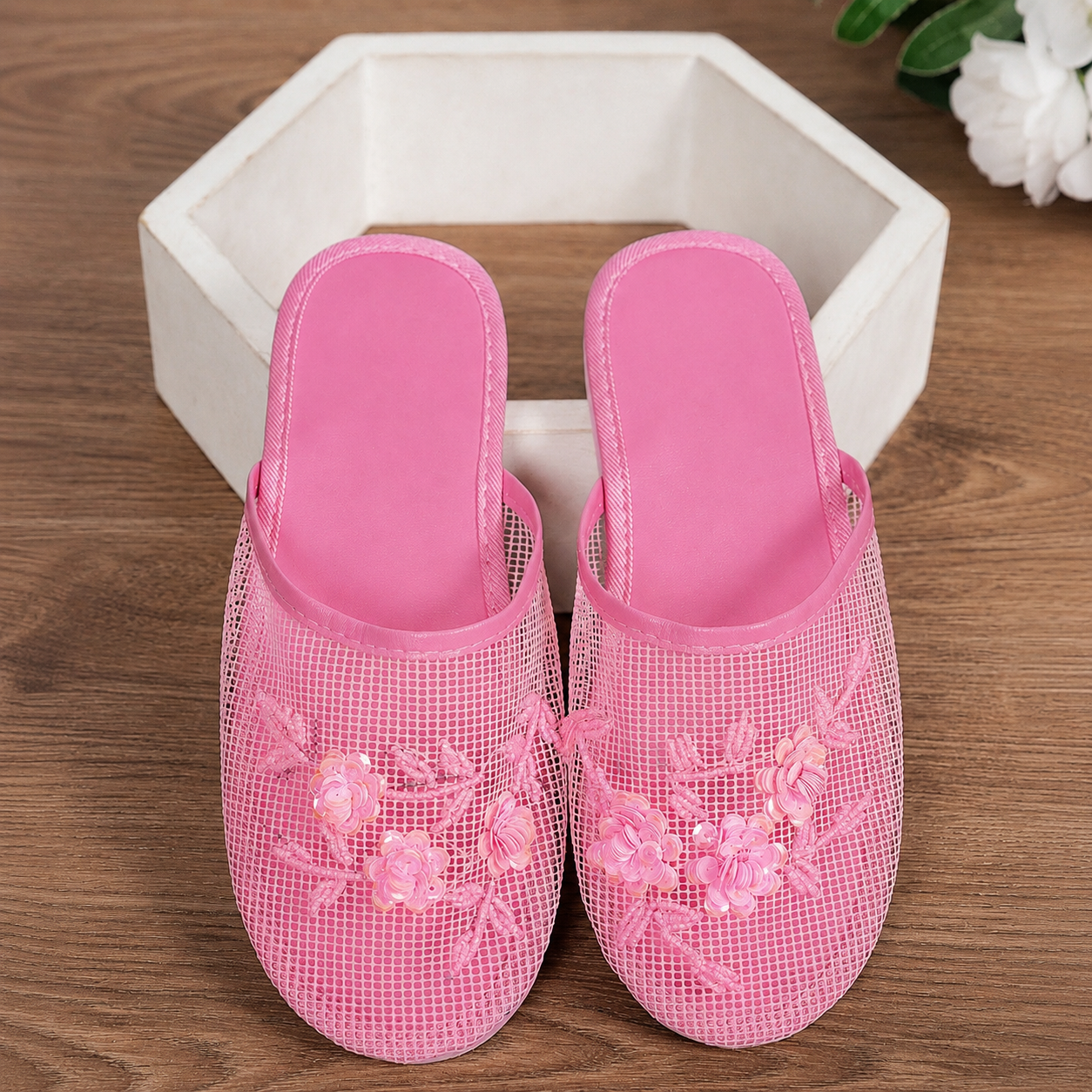 Floral Beaded Mesh Mule Sandals With Flat Slip On Design For Women
