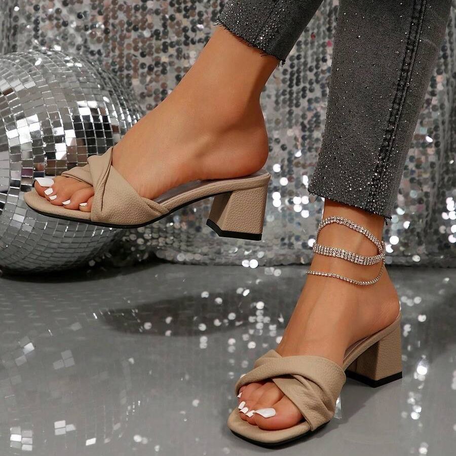 Twist Knot Block Mid Heel Sandals in Gray - Material Close-Up