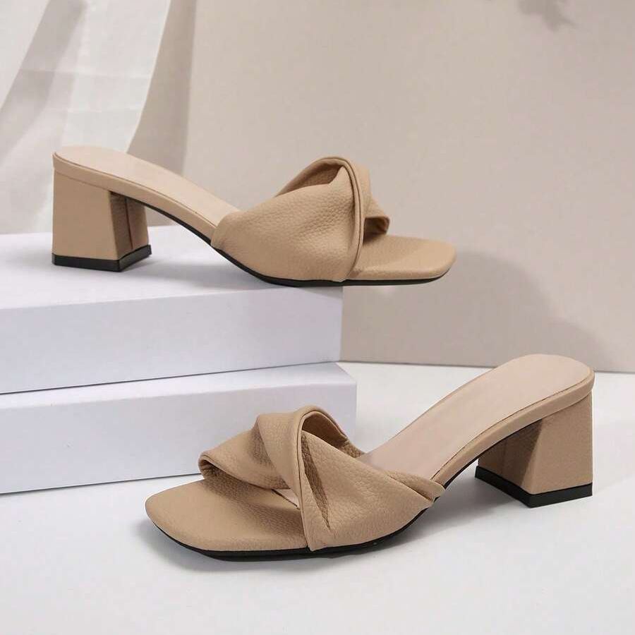 Twist Knot Block Mid Heel Sandals in Black - Full Length View