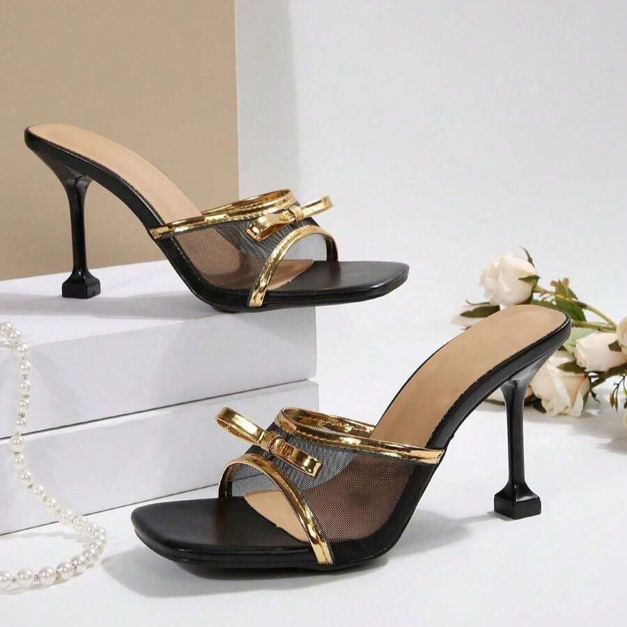 Twist Knot Block Mid Heel Sandals in Brown - Back View