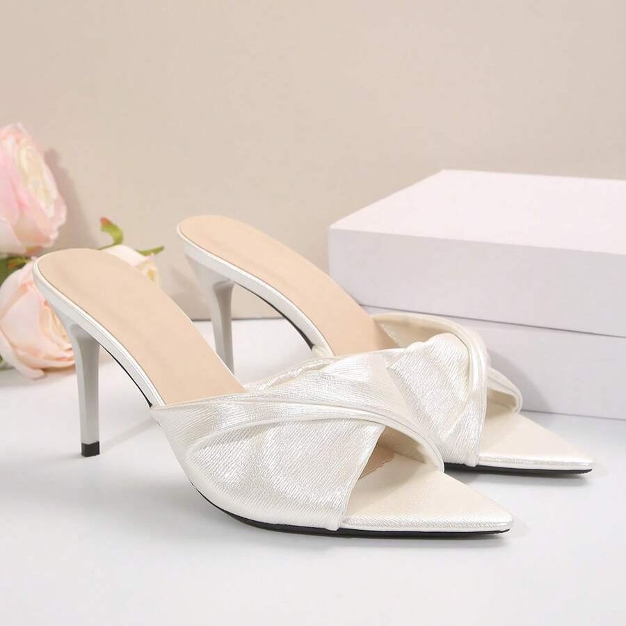 Twist Knot Block Mid Heel Sandals in Beige - Toe Detail