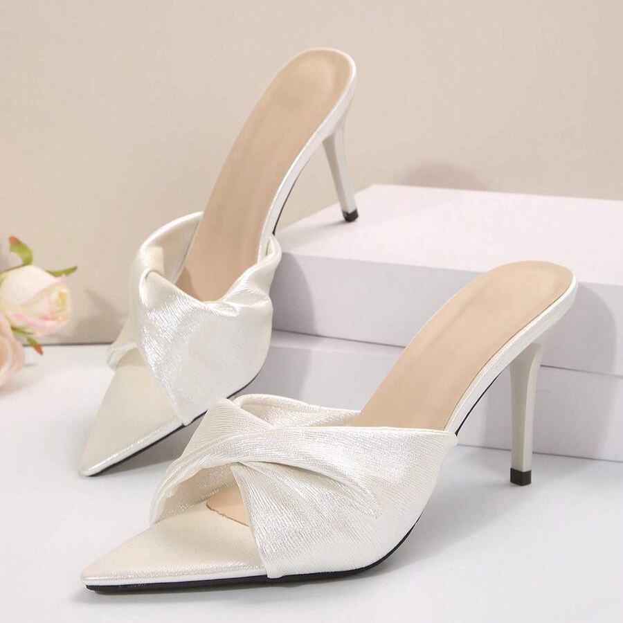 Twist Knot Block Mid Heel Sandals in Gray - Buckle Close-Up