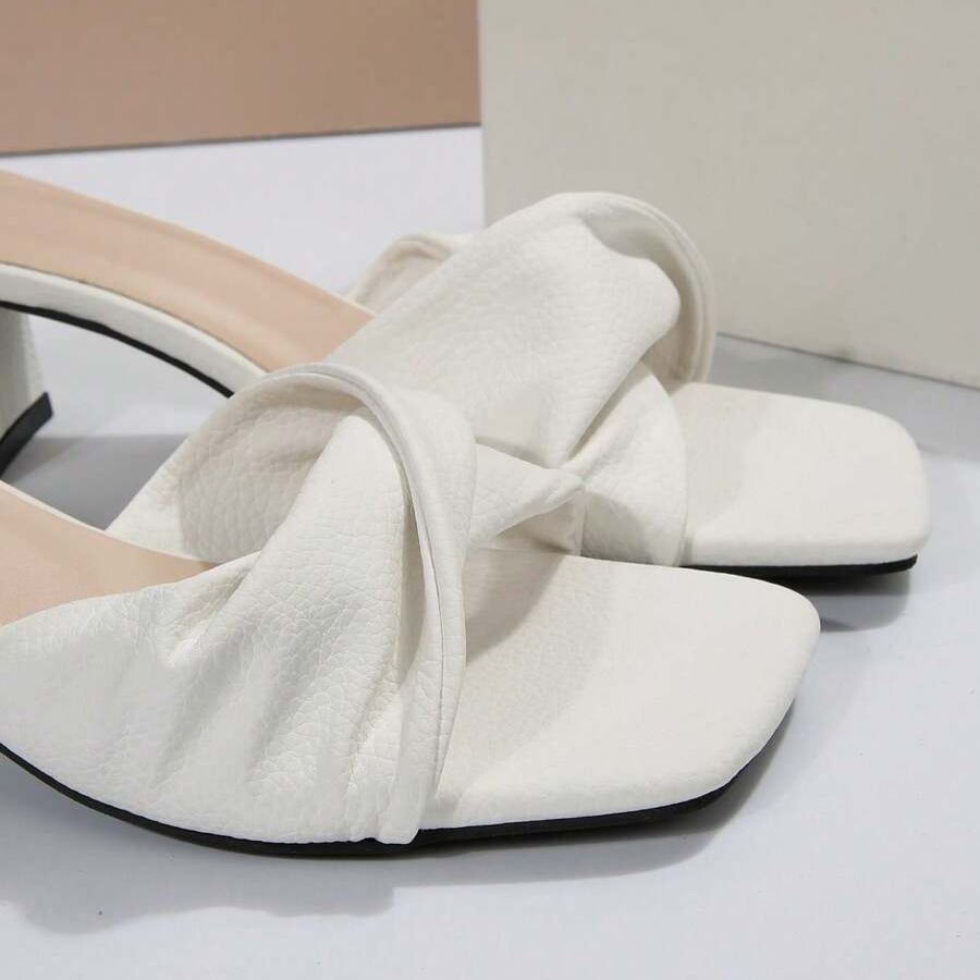 Twist Knot Block Mid Heel Sandals in Beige - On-Foot View