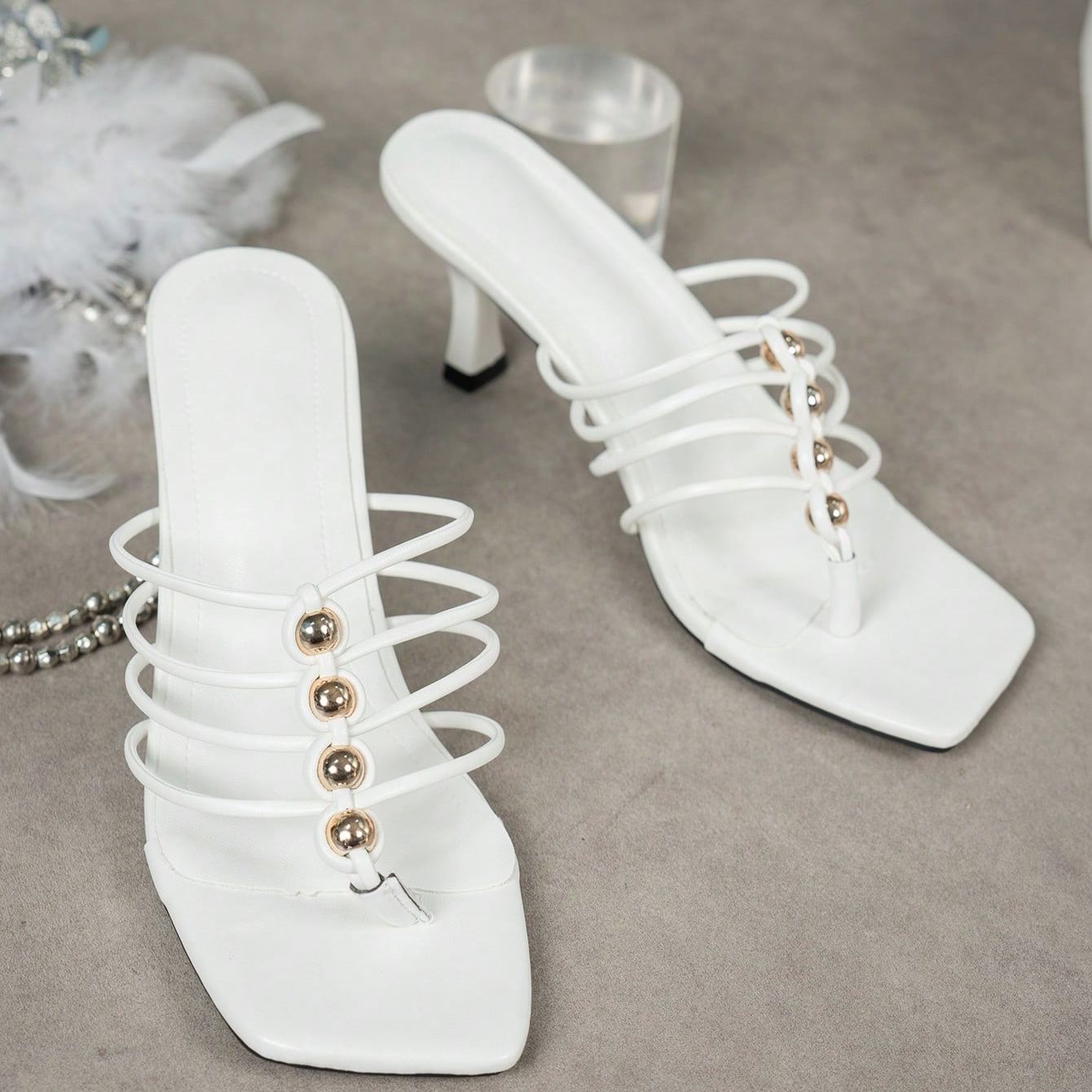 Multi Strap Criss Cross Mule Slip On Sandals With Beaded Detail in White - Back View