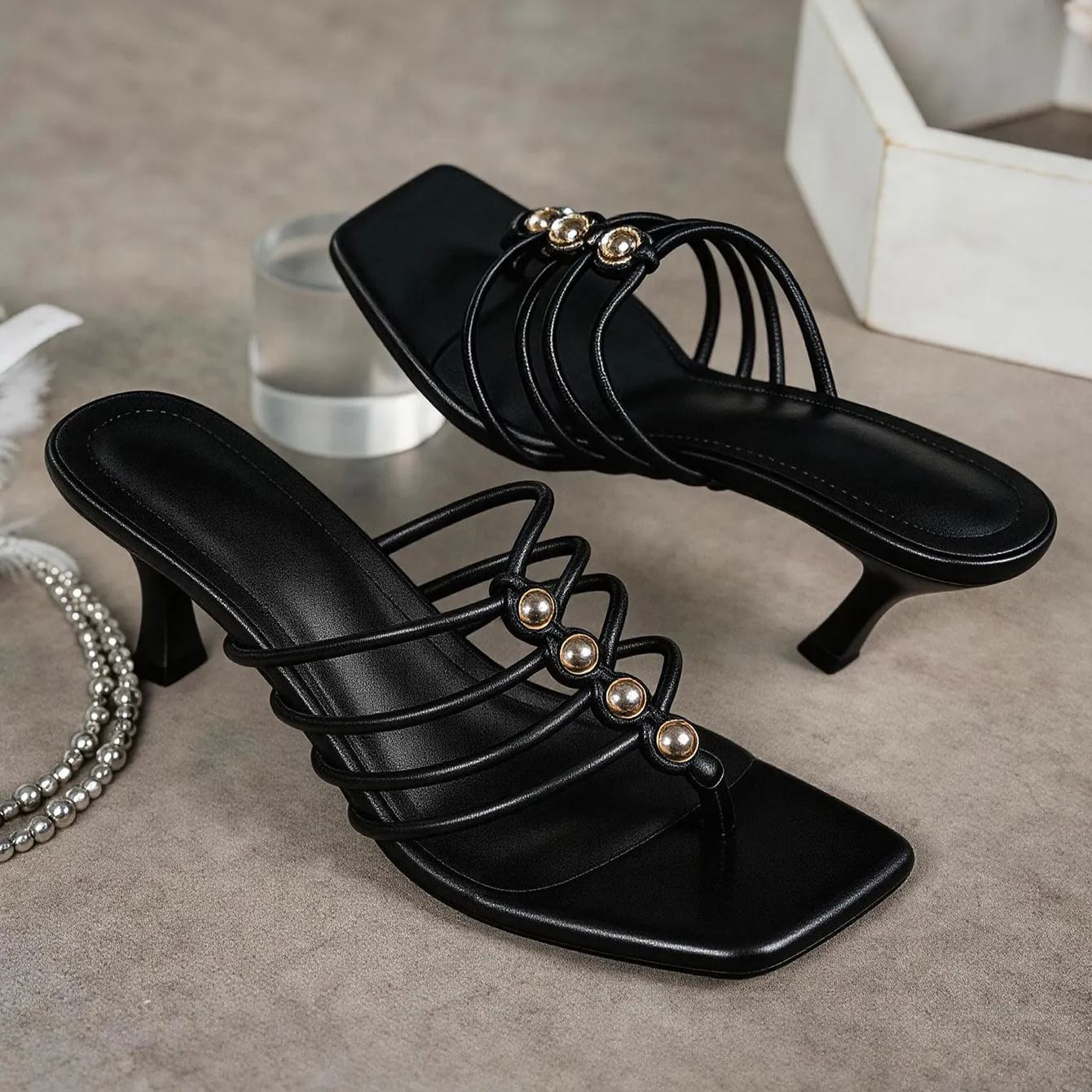 Multi Strap Criss Cross Mule Slip On Sandals With Beaded Detail in Black - Front View