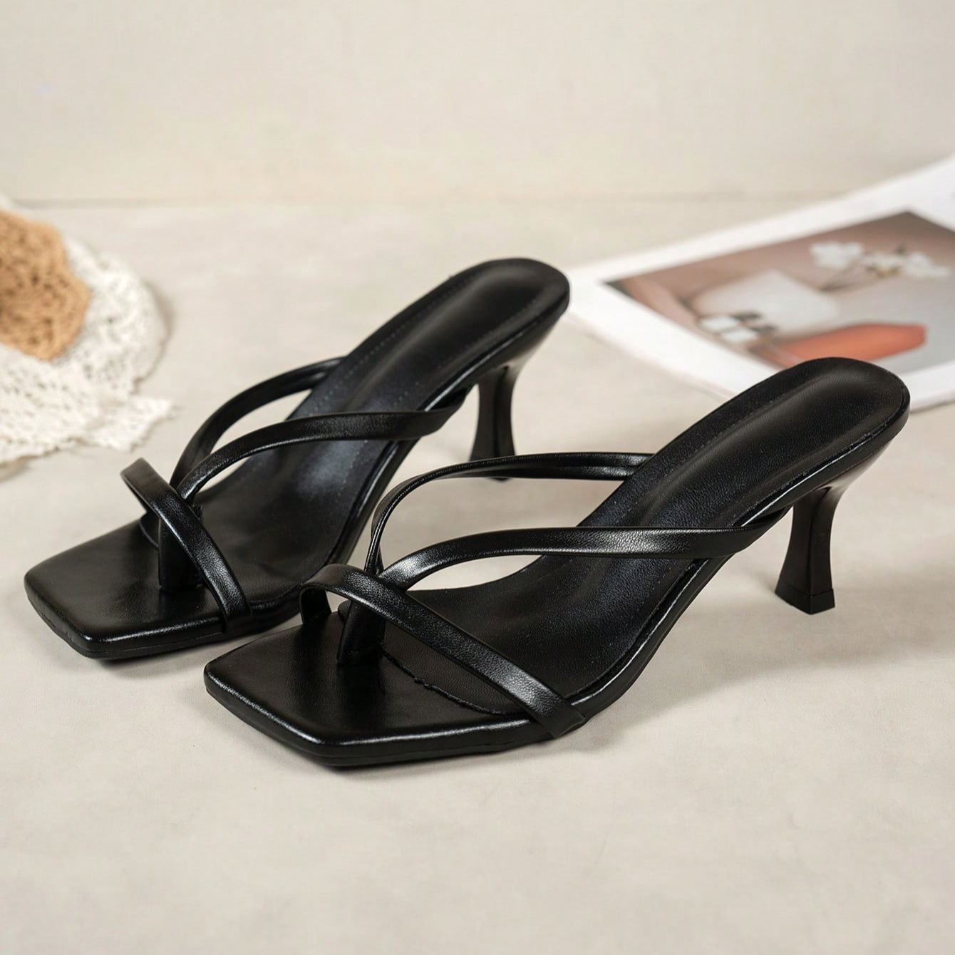 Strappy Criss Cross Slip On Mule Sandals in Black - Front View