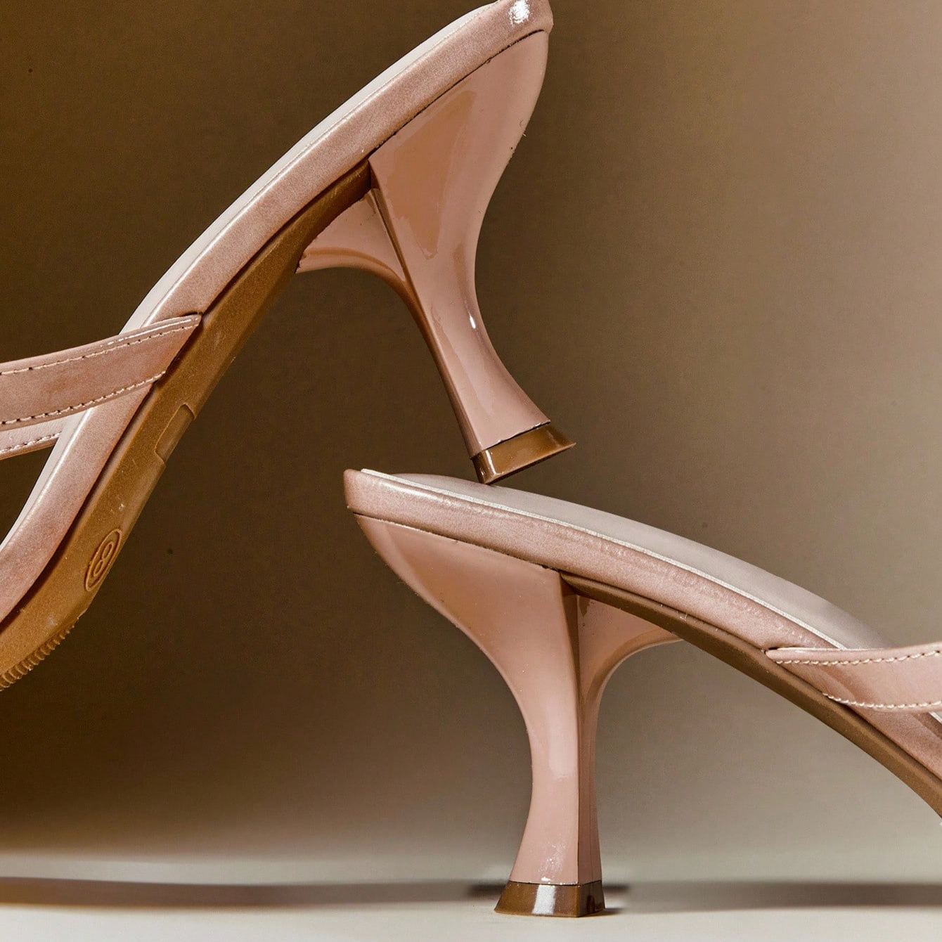 Square Front Coffee Thong Mid Heels in Beige - Heel Detail