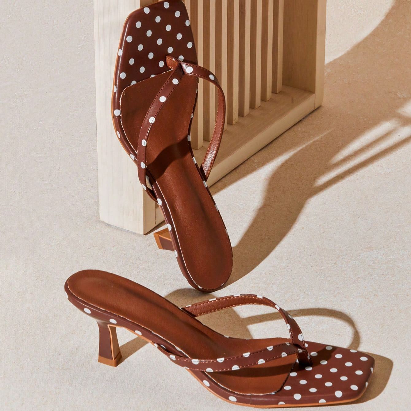 Polka Dot Thong Strap Kitten Style Slide Sandals For Women in Brown - Interior View