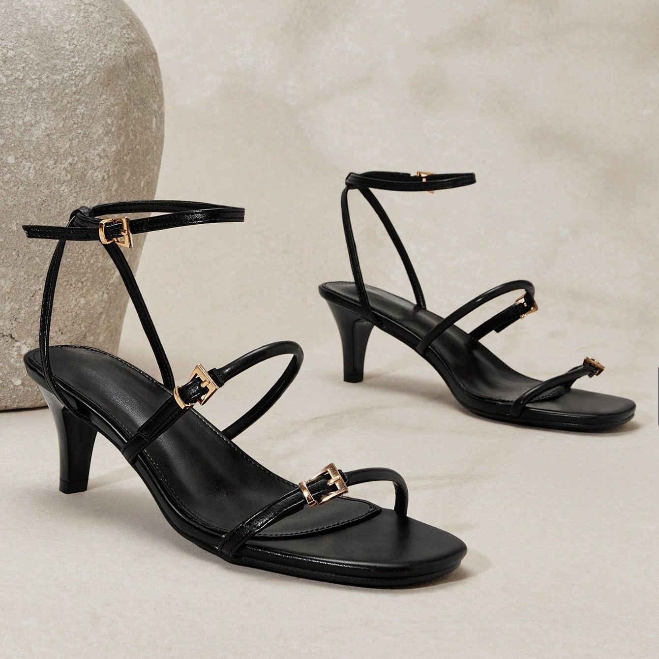 Stylish Strappy Mid Height Stiletto Style Sandals For Women in Brown - Side View