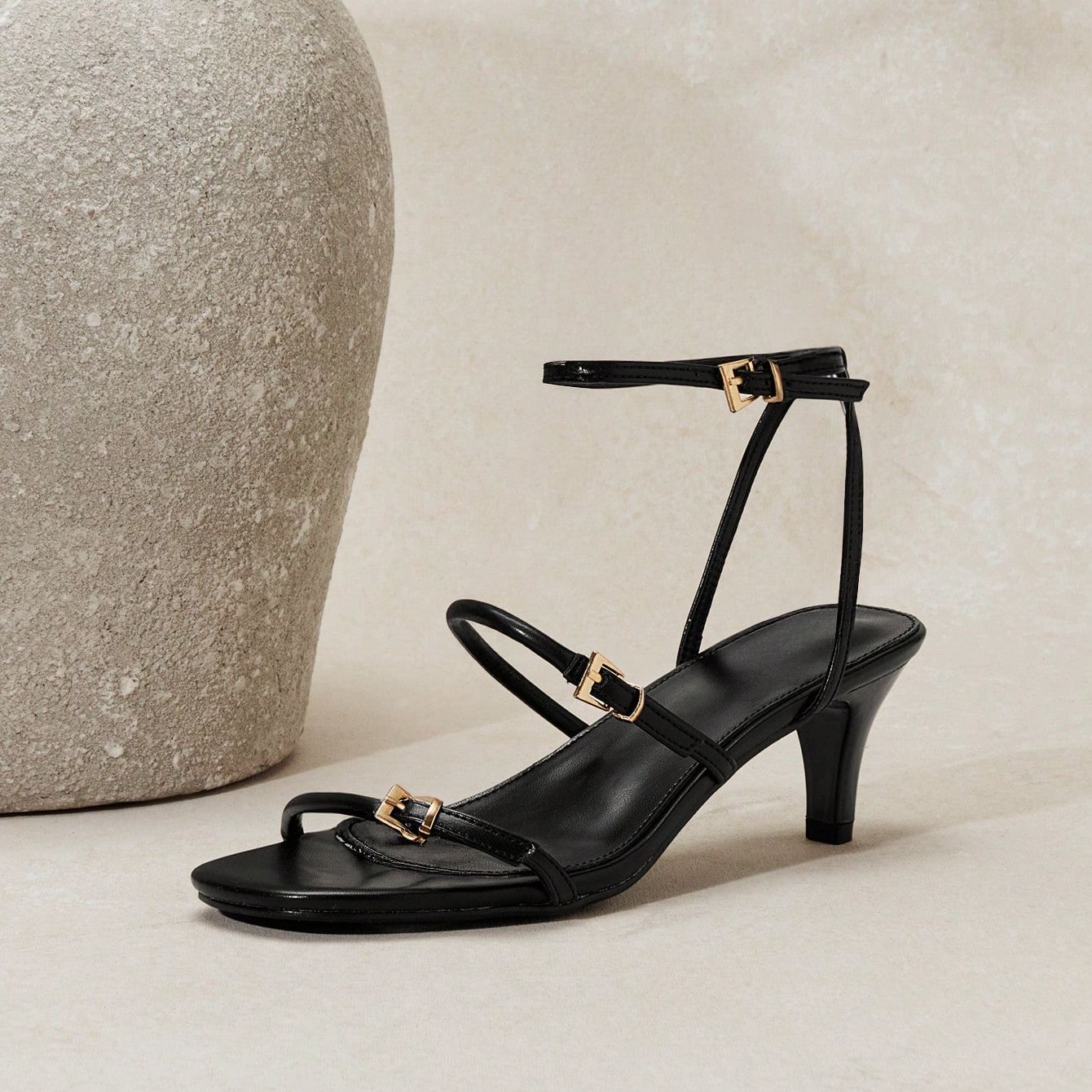 Stylish Strappy Mid Height Stiletto Style Sandals For Women in Black - Top View