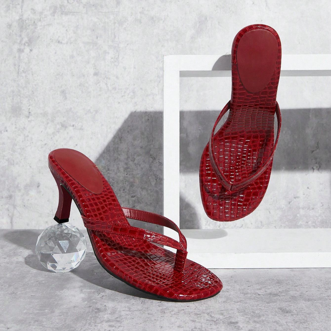 Stylish Thong Strap Kitten Style Mid Height Slip On Sandals For Daily Wear in Beige - Lifestyle Shot