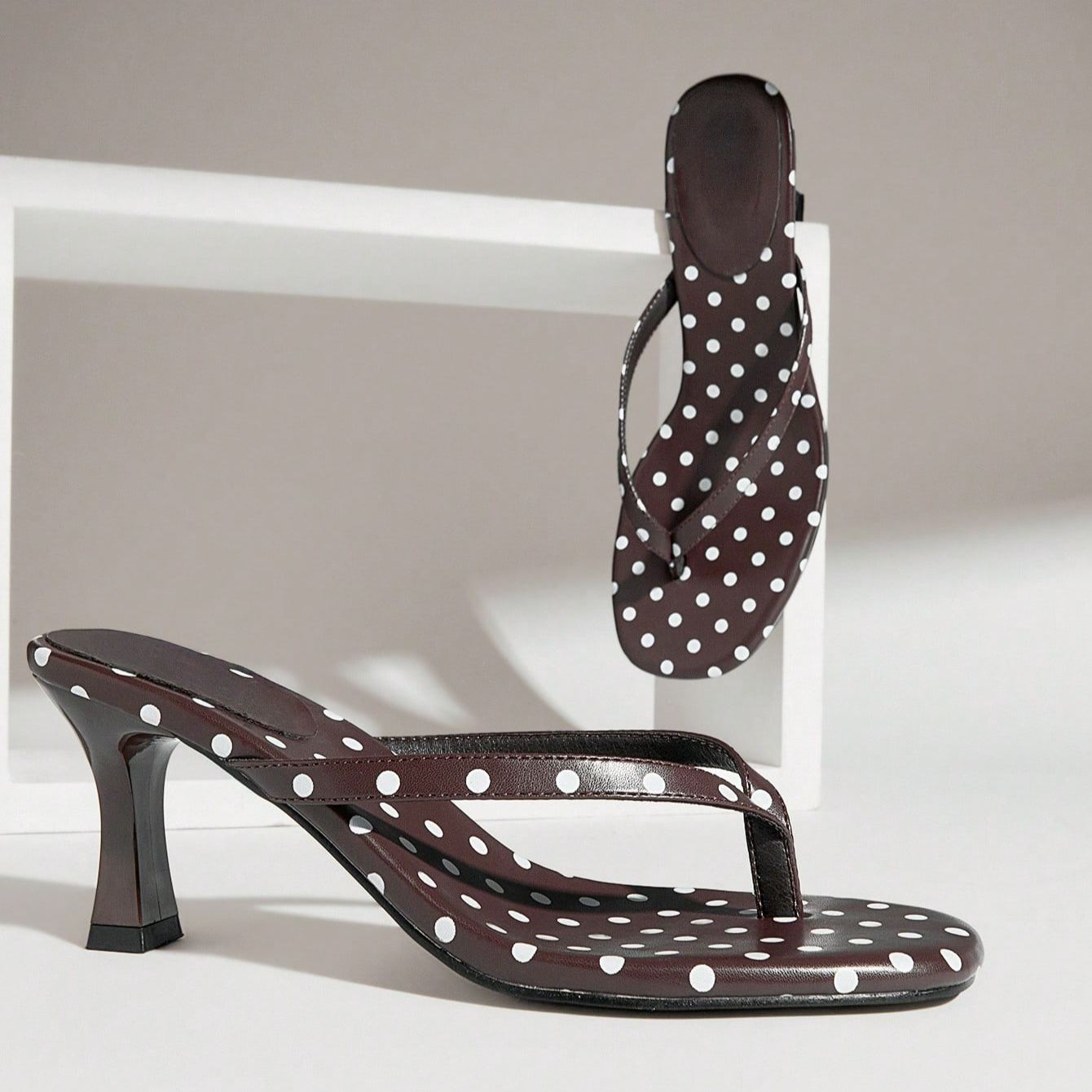 Polka Dot Print Thong Strap Stiletto Style Sandals - Back View