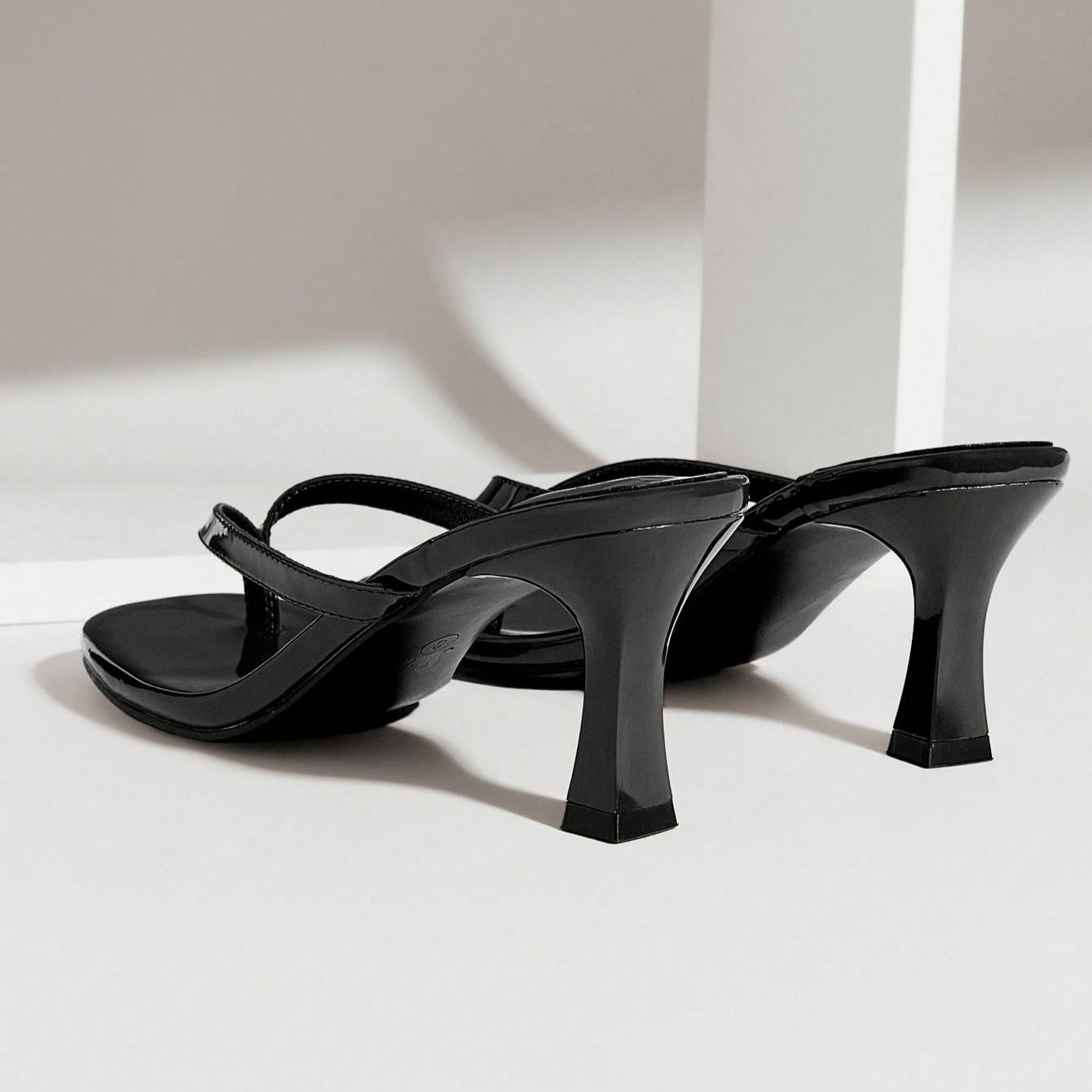 Minimal Thong Strap Slip On Stiletto Style Sandals For Party Wear in Beige - Back View