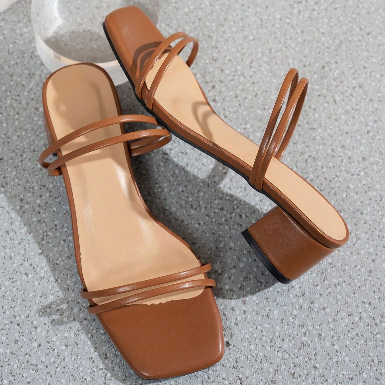 Stylish Minimal Strap Low Block Sandals For Casual Outfits in Purple - Angled View