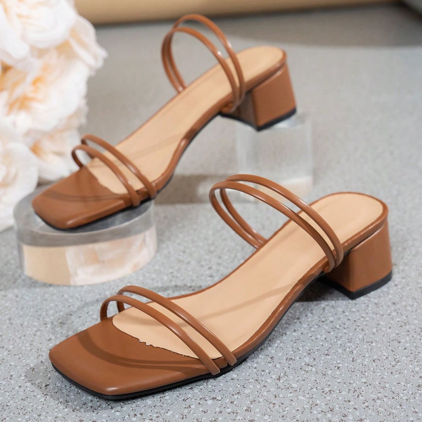 Stylish Minimal Strap Low Block Sandals For Casual Outfits in Brown - Side View