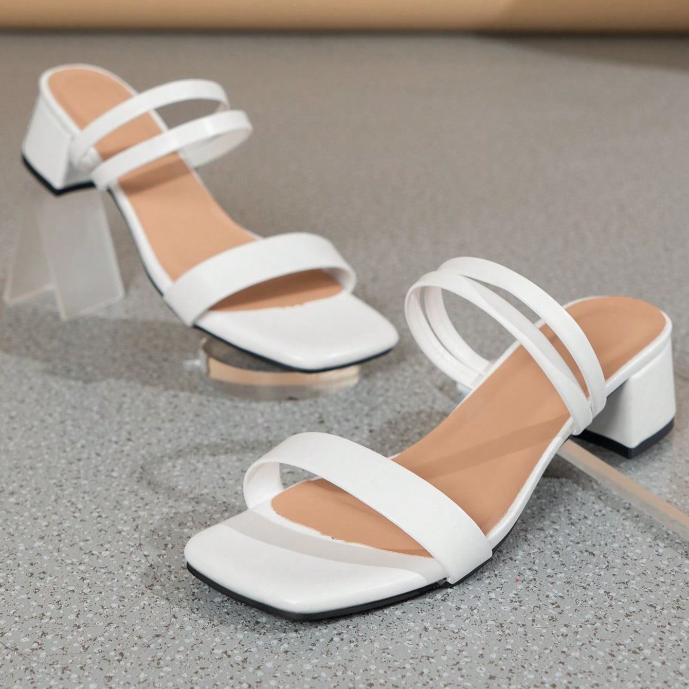 Double Strap Chunky Block Thick Sandals For Summer Styling in White - Front View