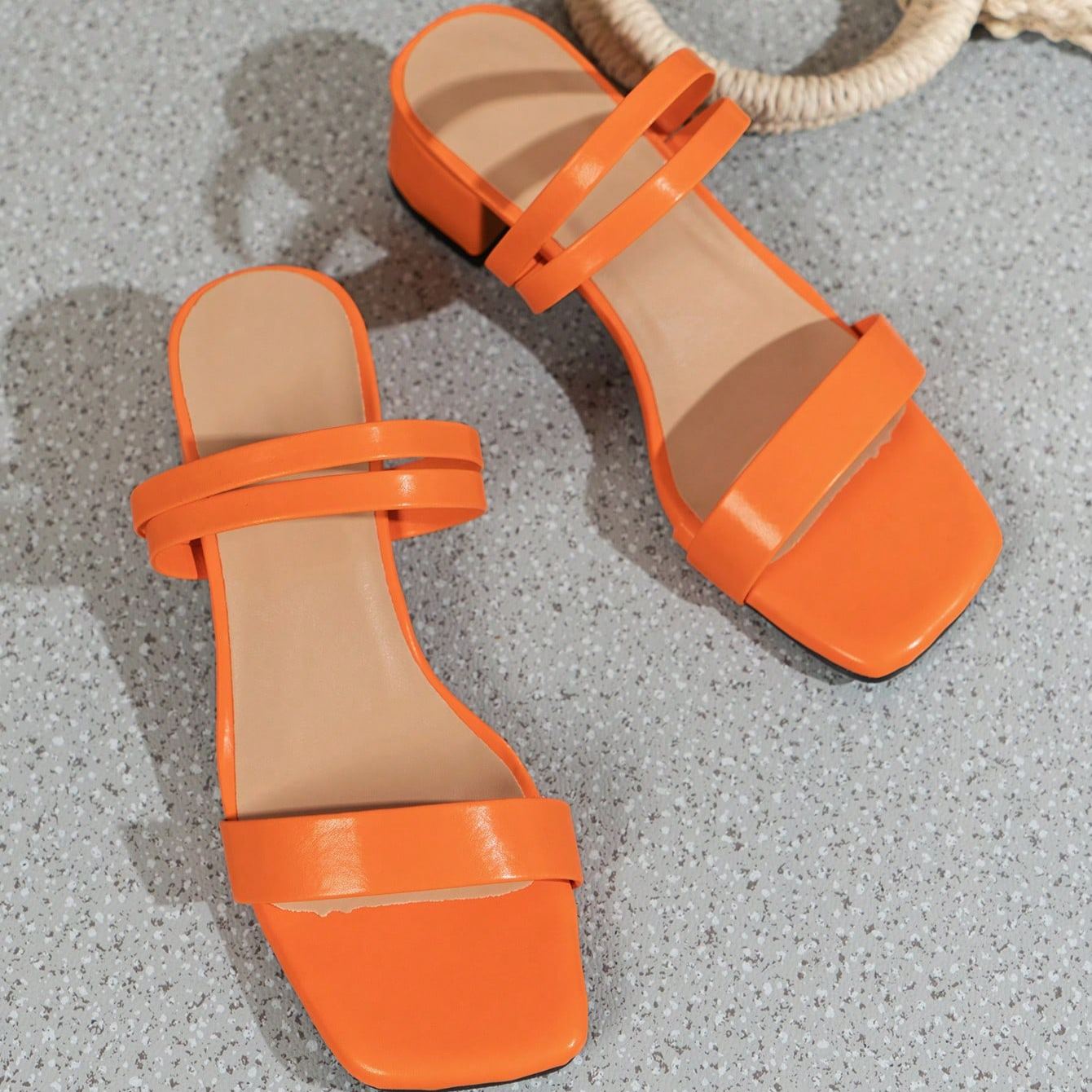 Double Strap Chunky Block Thick Sandals For Summer Styling in Orange - Sole Detail