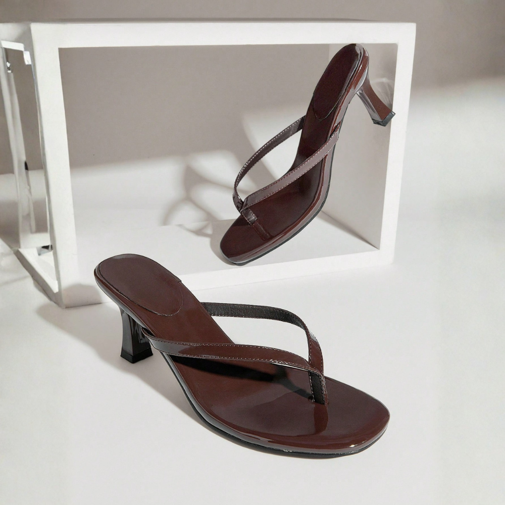 Minimal Thong Strap Slip On Stiletto Style Sandals For Party Wear in Beige - Buckle Close-Up