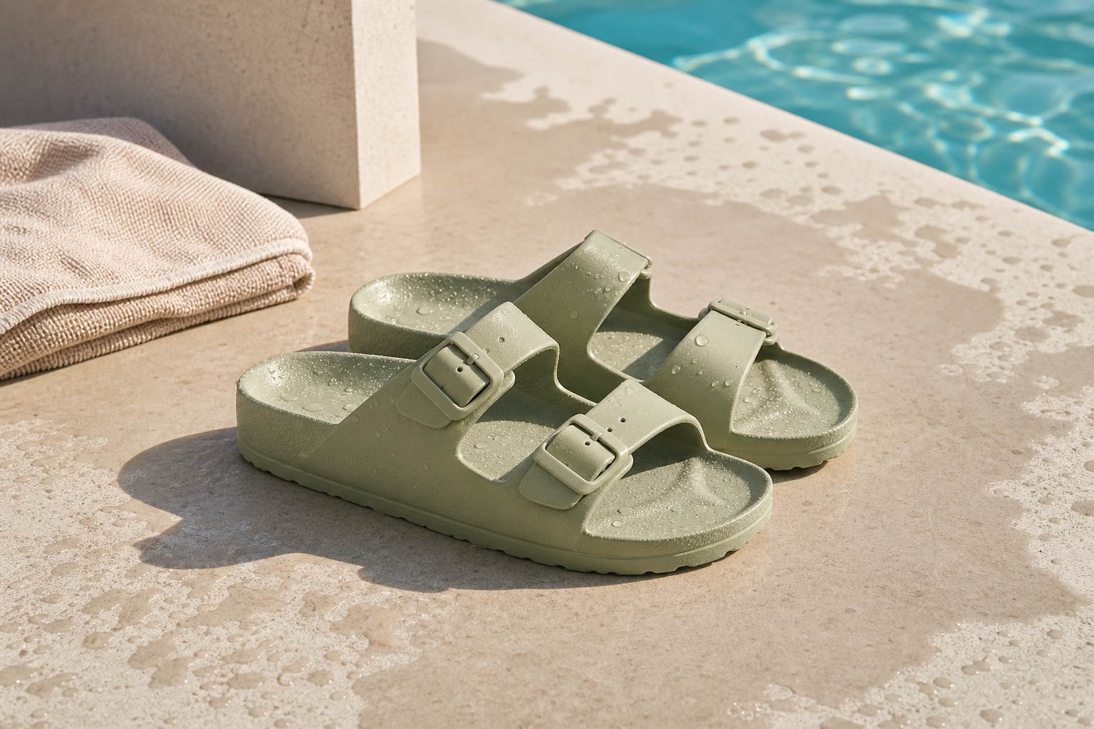 Two-strap EVA sandals with water droplets beside a sunlit swimming pool