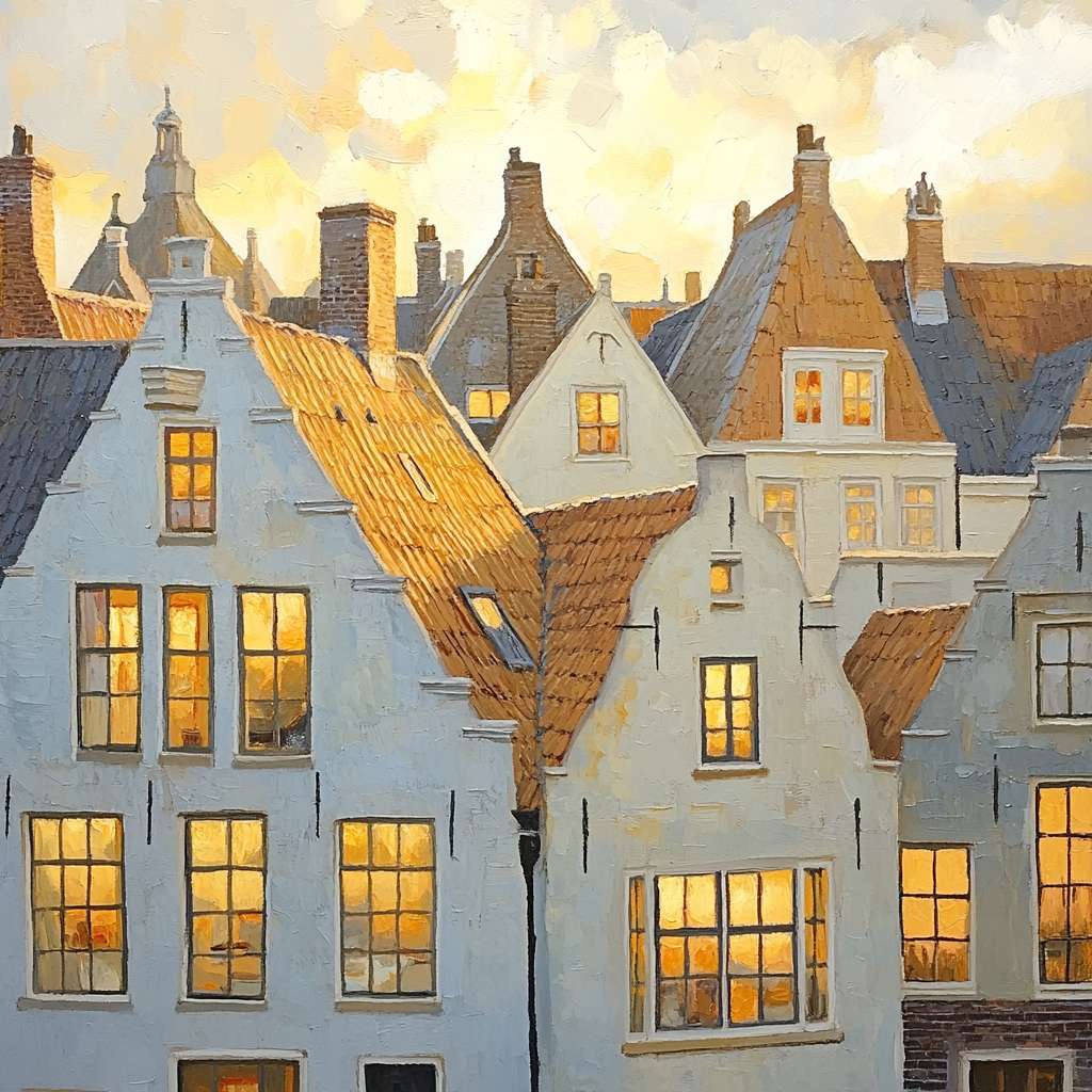 Johannes Vermeer Inspired Gabled Roofs Bathed In Golden Hour Light paint by color