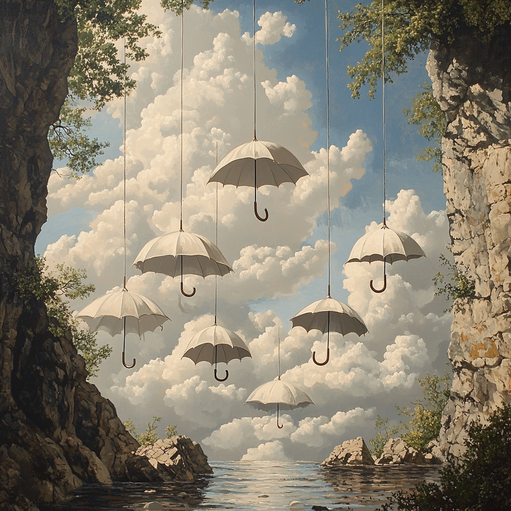 René Magritte Inspired Umbrella Clouds paint by color