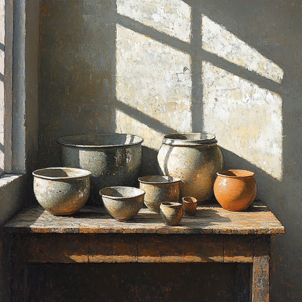 Diego Velázquez Inspired Kitchen Still Life With Ceramic Vessels paint by color