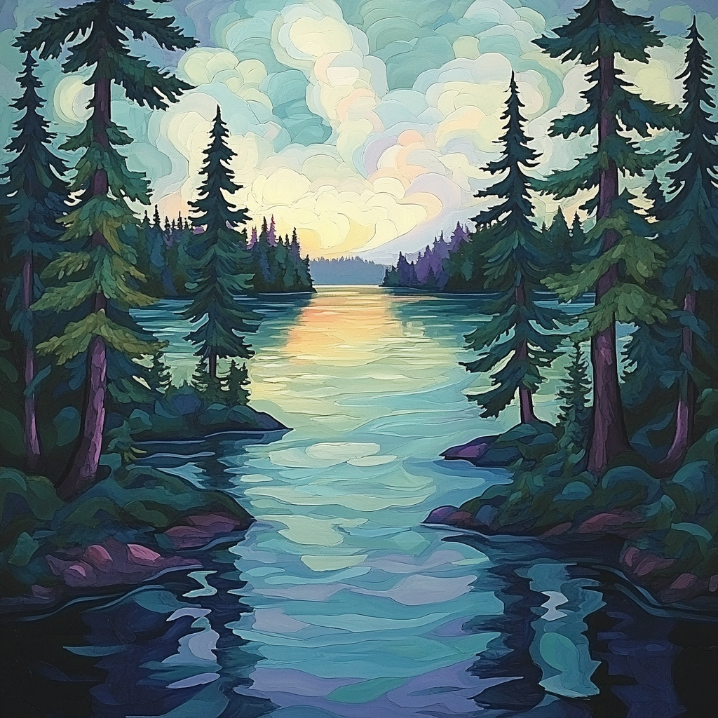 J. E. H. MacDonald Inspired Shimmering Pines Framing A Tranquil Northern Lake Paint by numbers art