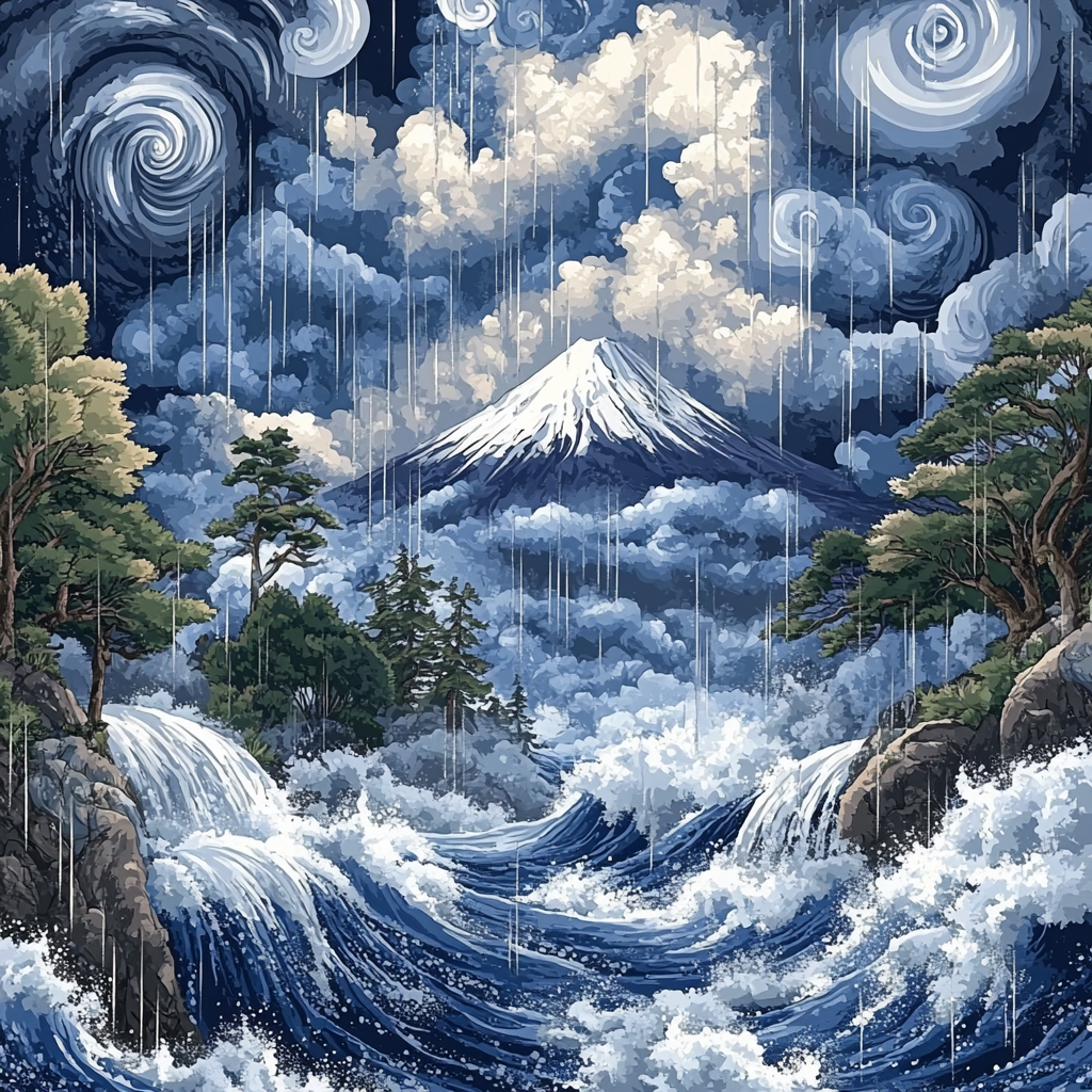 Hokusai Inspired Mount Fuji Under Stormy Sky paint by numbers