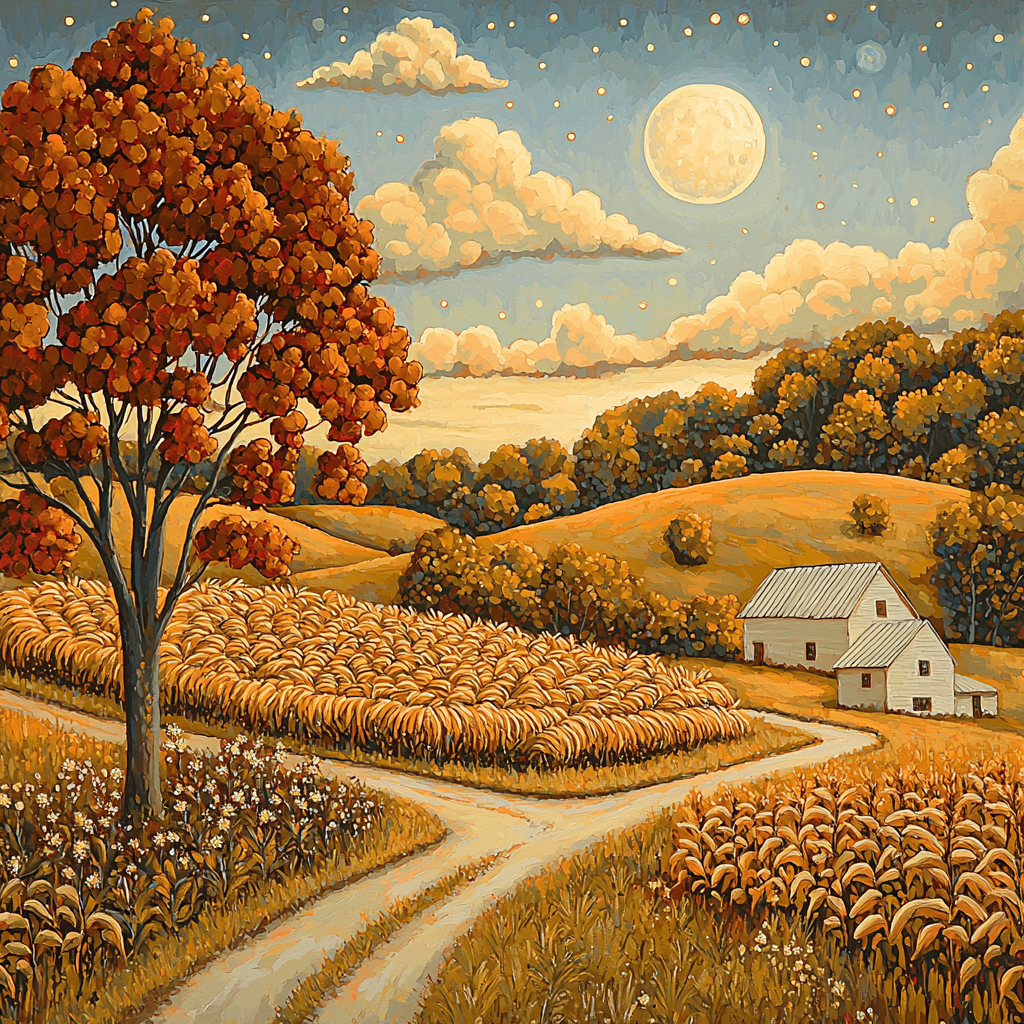 Grant Wood Inspired Bountiful Harvest Moon Number Painting