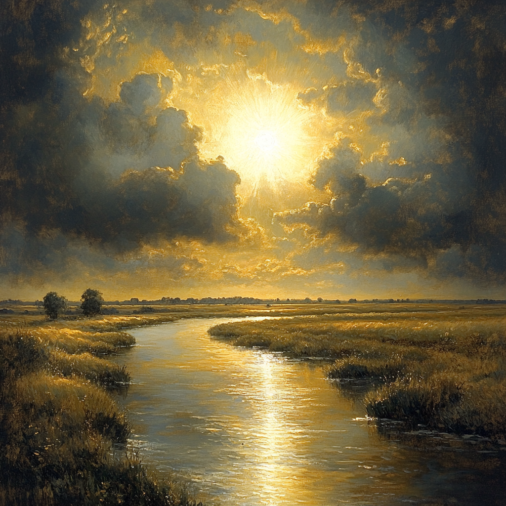 Rembrandt Inspired Golden Rays Over Quiet River Paint by numbers art