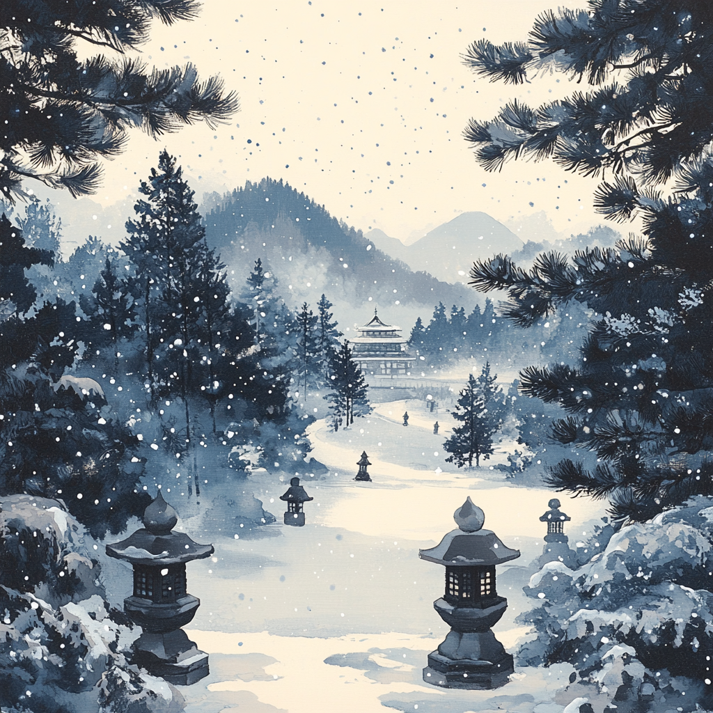 Hiroshige Inspired Quiet Snow On Temple Pines Number painting