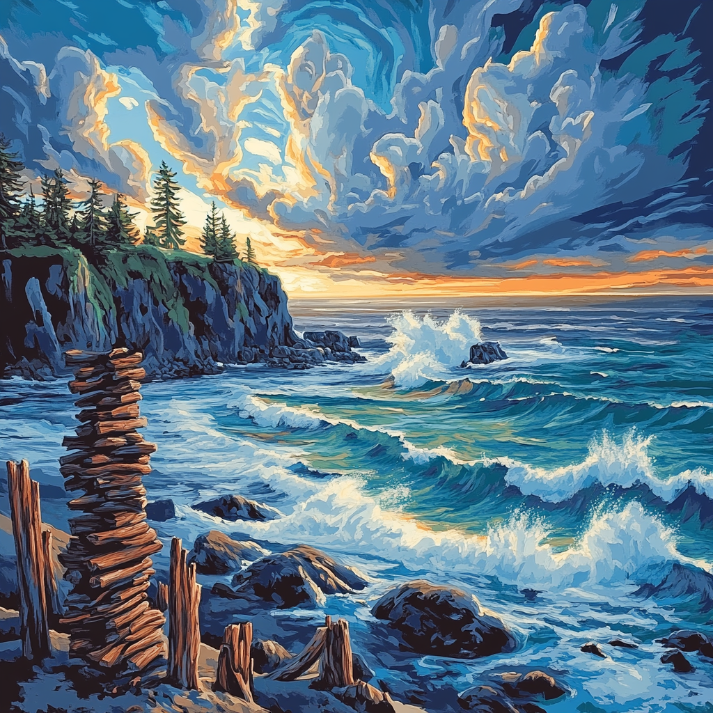 Emily Carr Inspired Churning Pacific Coast With Driftwood Choir Paint by numbers art