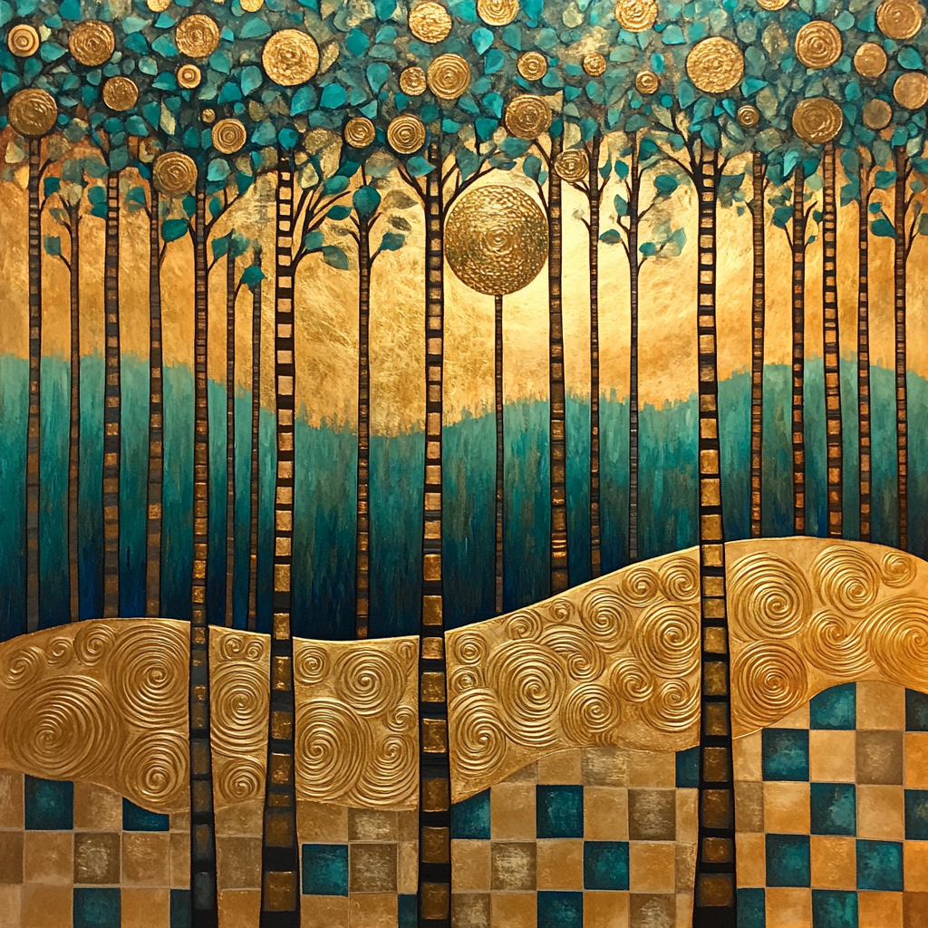 Gustav Klimt Inspired Ornamental Golden Forest paint by color