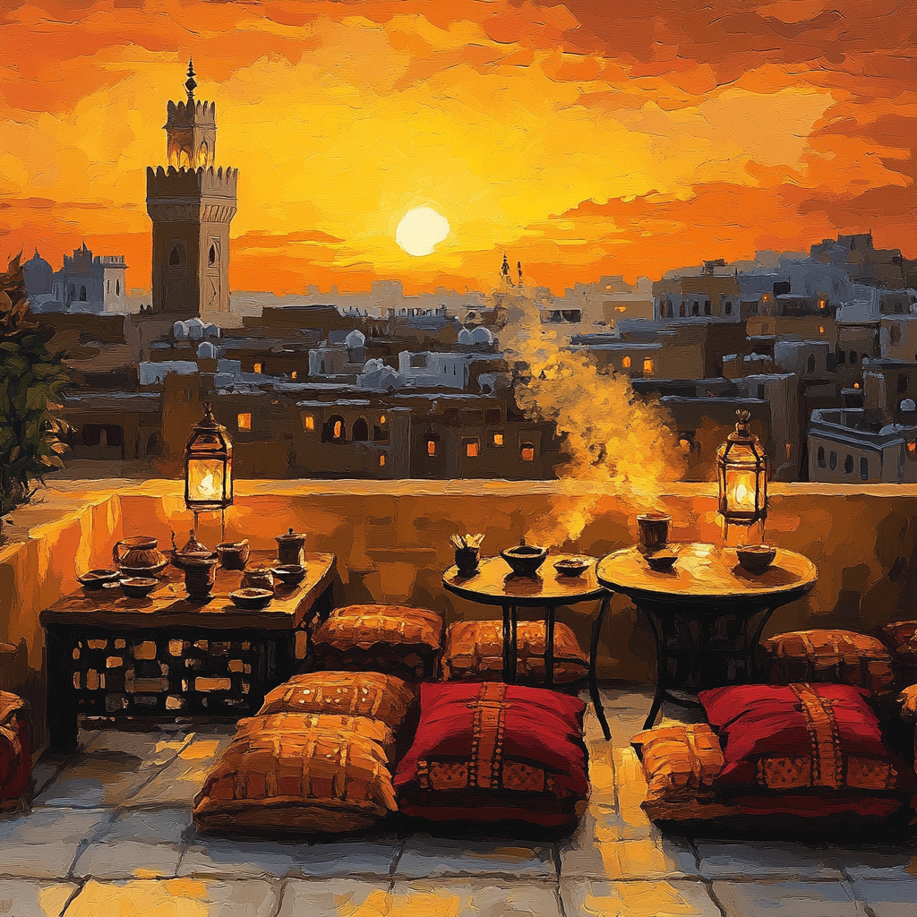 Rooftop Sunset Market Marrakech Morocco paint by color